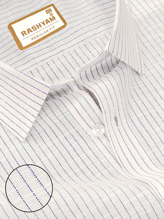Arezzo Italian Premium Linen Purple Multi Line On White Formal Shirt For Men