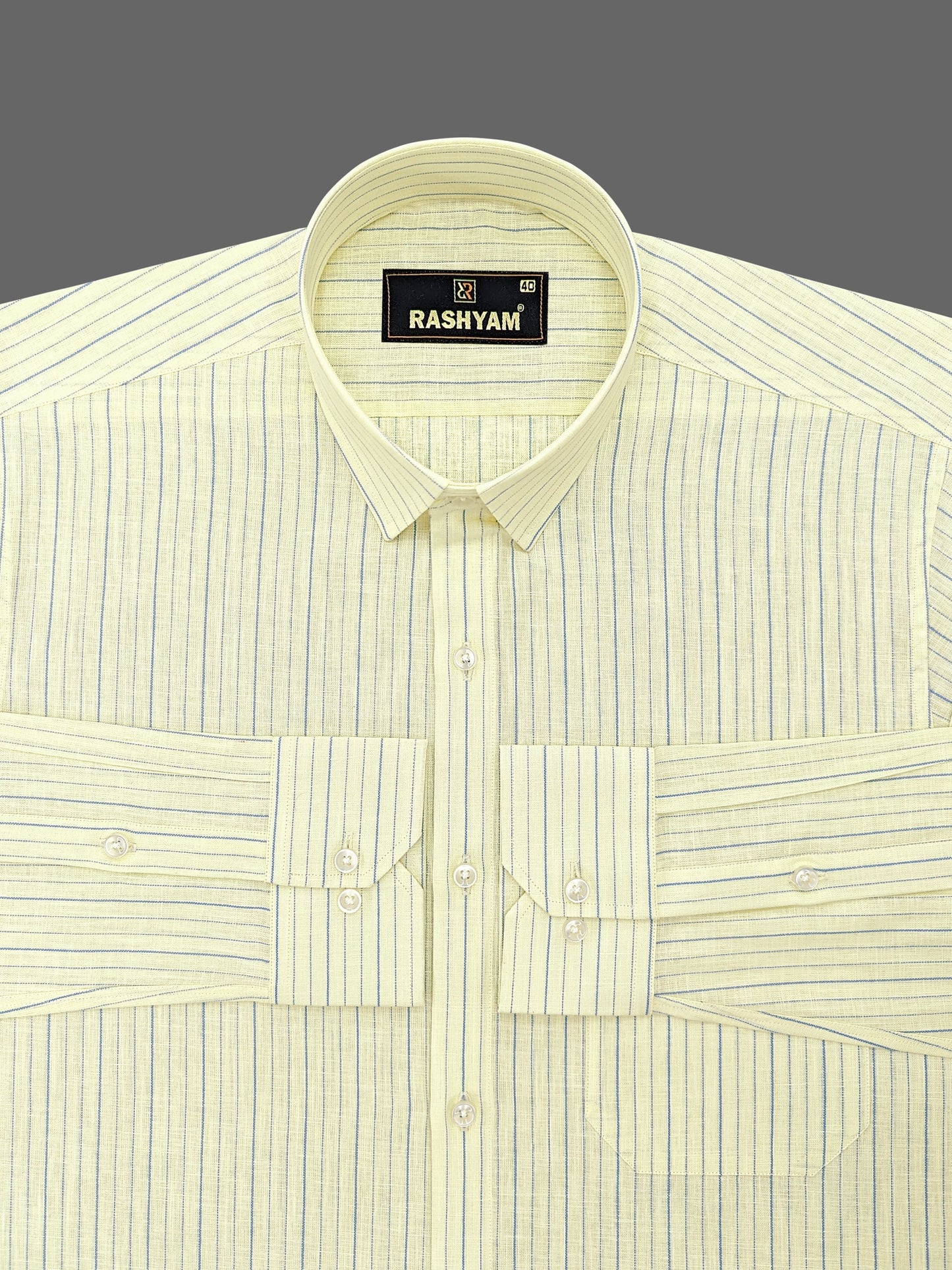 Luxurious Lemon Yellow With Blue Lining Italian Linen Cotton Shirt