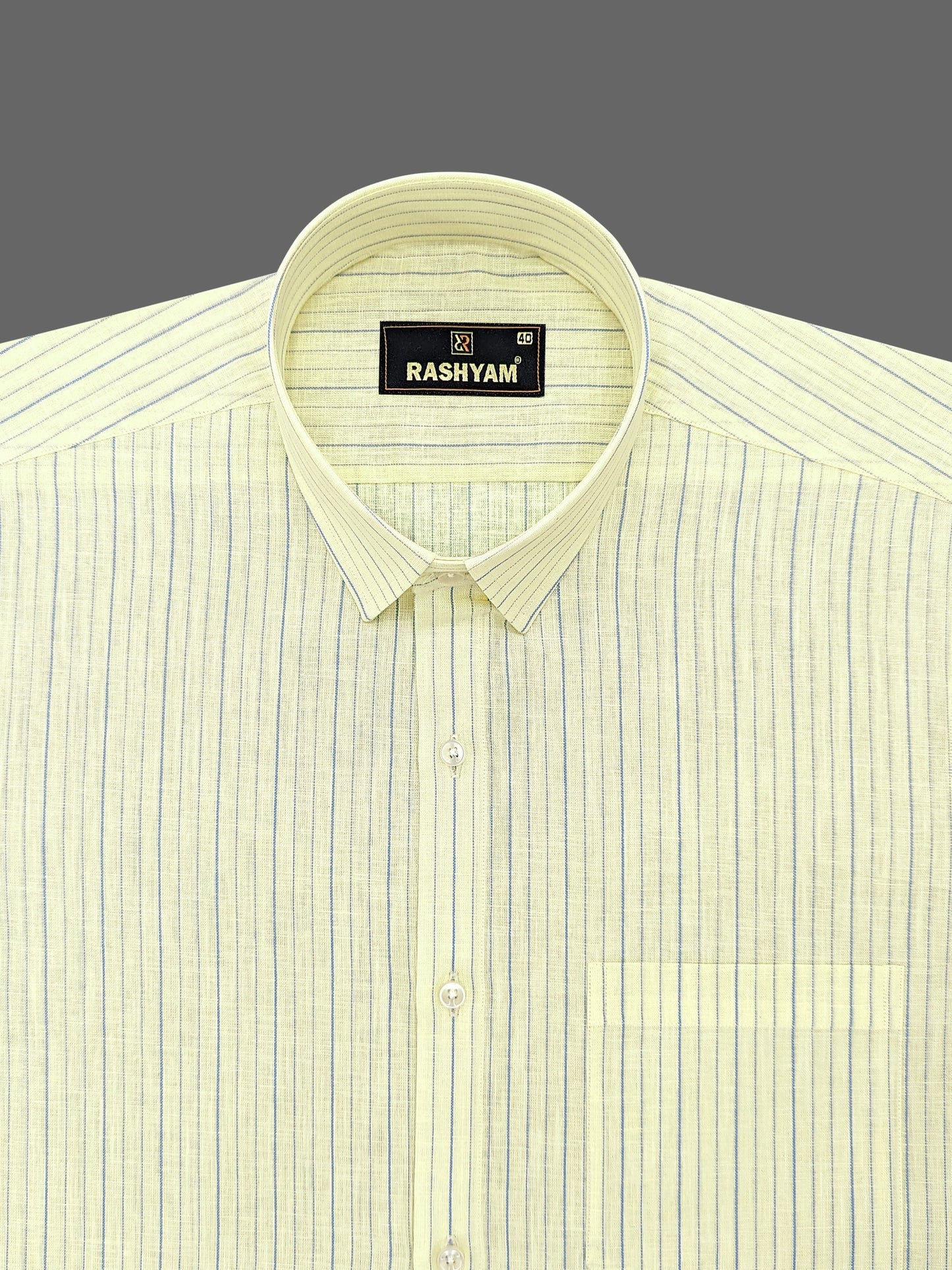 Luxurious Lemon Yellow With Blue Lining Italian Linen Cotton Shirt