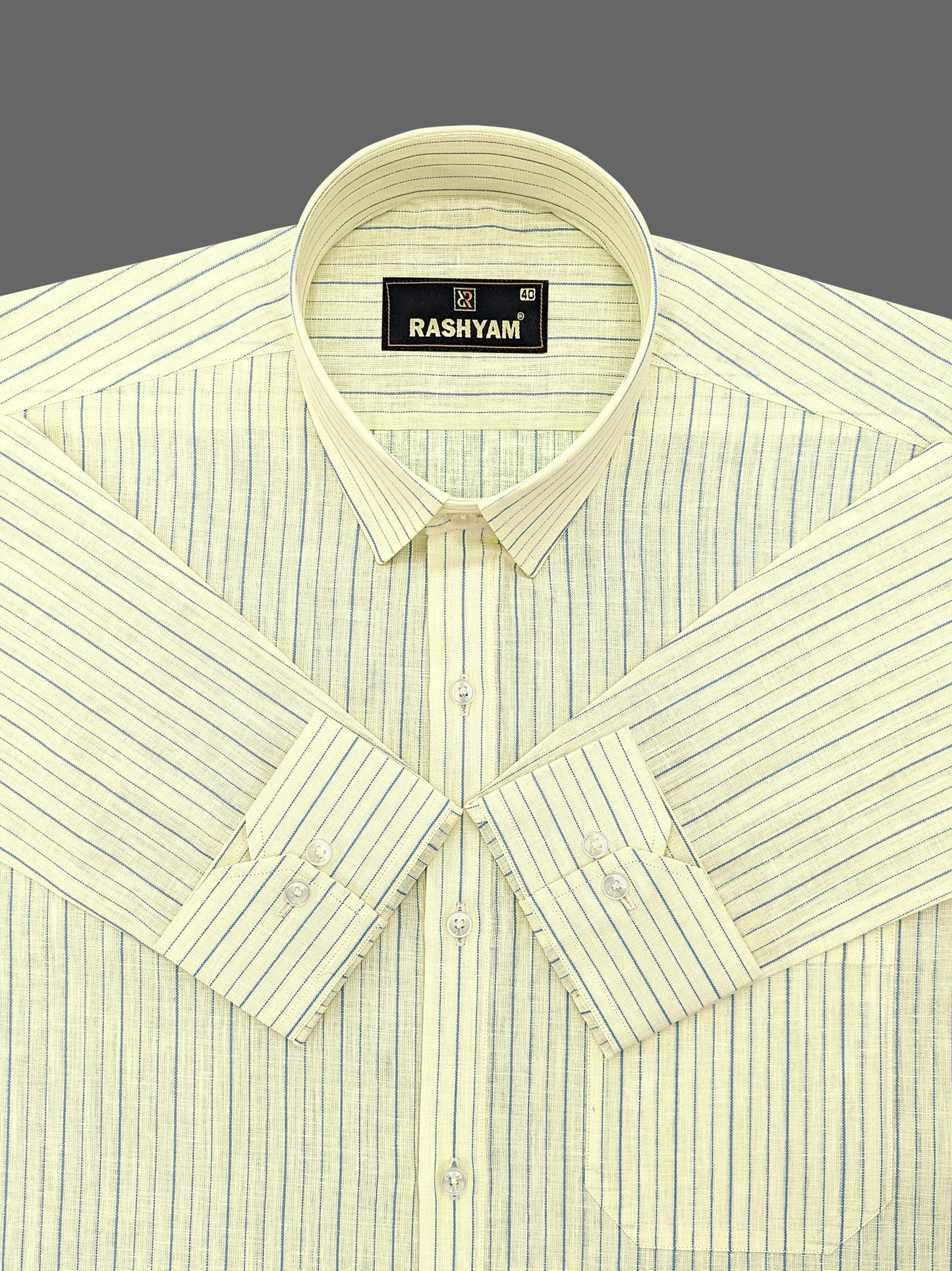 Luxurious Lemon Yellow With Blue Lining Italian Linen Cotton Shirt