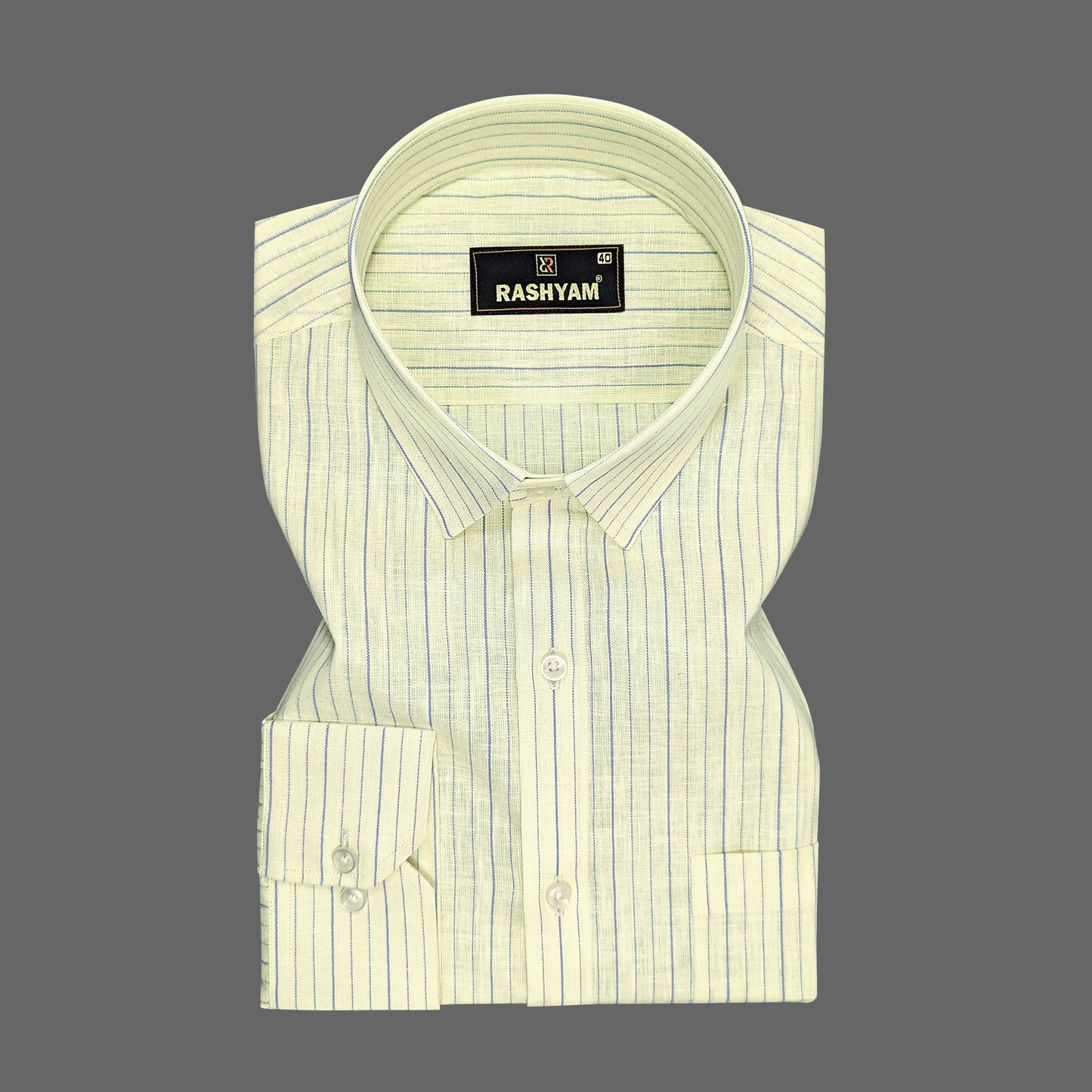 Luxurious Lemon Yellow With Blue Lining Italian Linen Cotton Shirt
