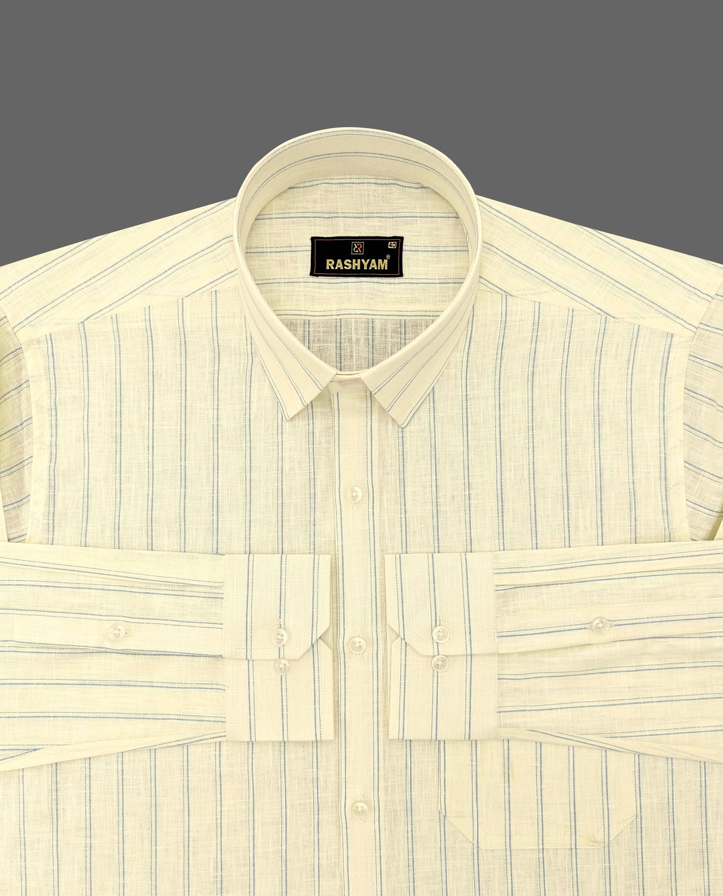 Luxurious Italian Linen Cotton Light Lemon Yellow With Blue double Line Shirt