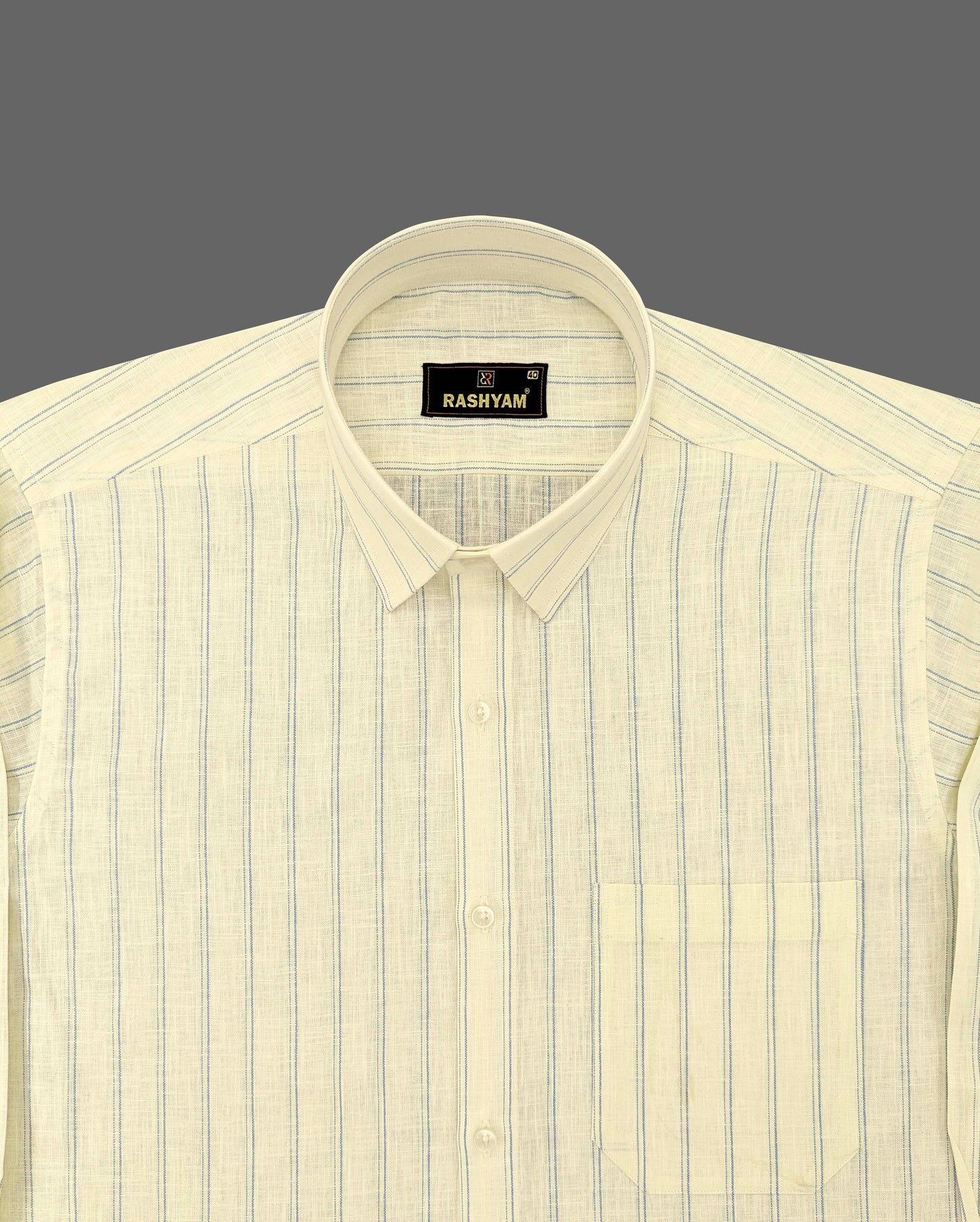 Luxurious Italian Linen Cotton Light Lemon Yellow With Blue double Line Shirt