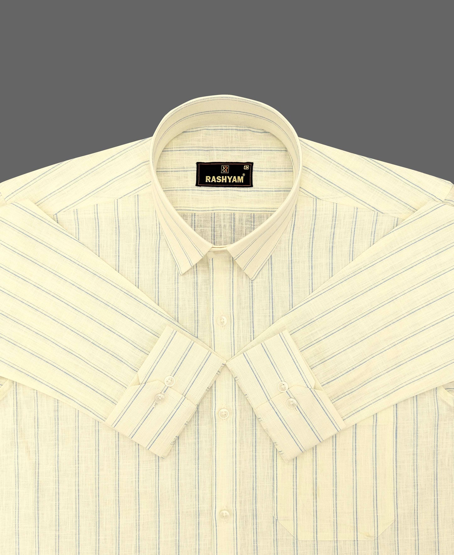 Luxurious Italian Linen Cotton Light Lemon Yellow With Blue double Line Shirt