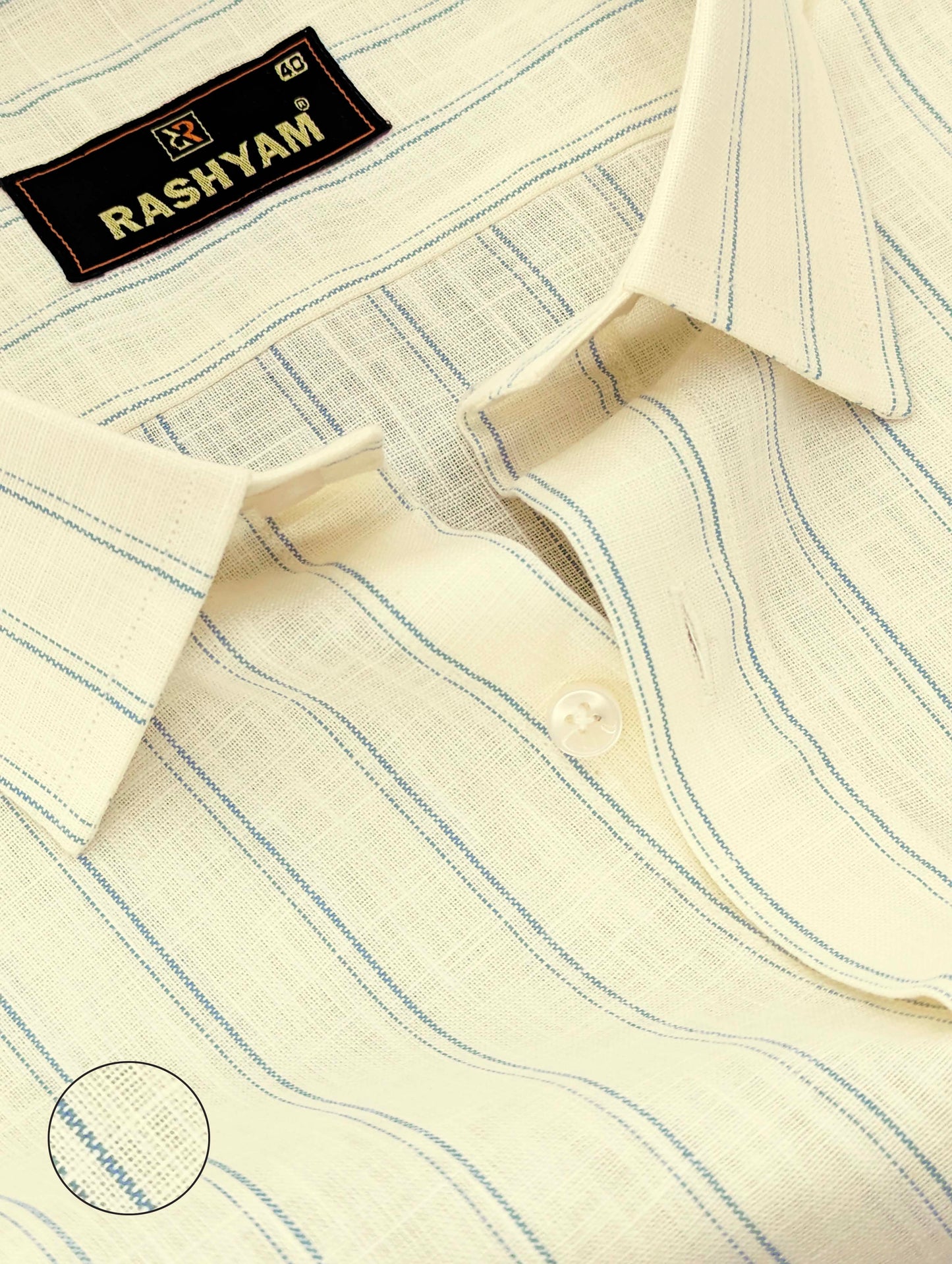Luxurious Italian Linen Cotton Light Lemon Yellow With Blue double Line Shirt
