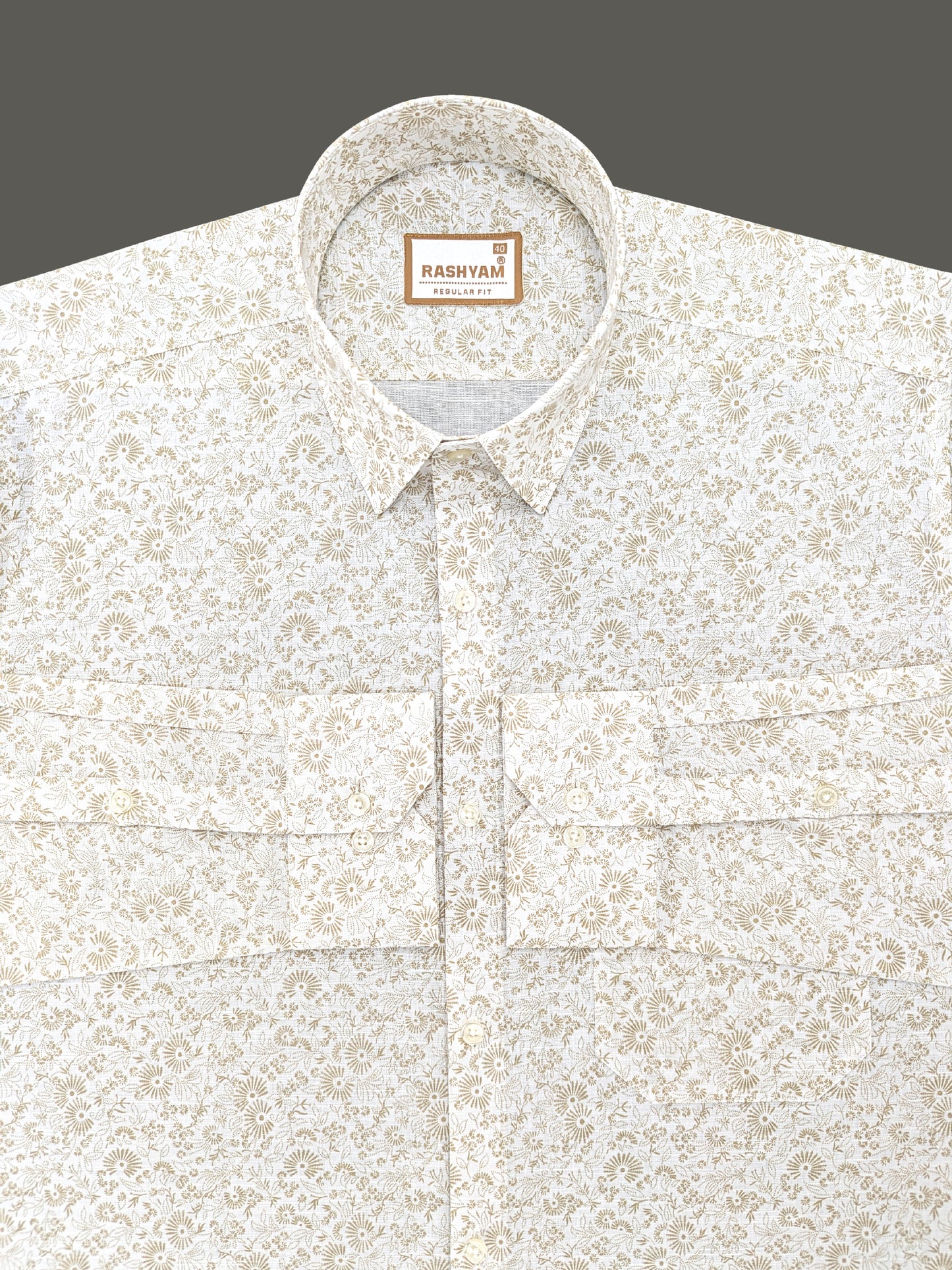 Arezzo Premium Linen Browny Vintage Bloom Print On White Formal Shirt For Men
