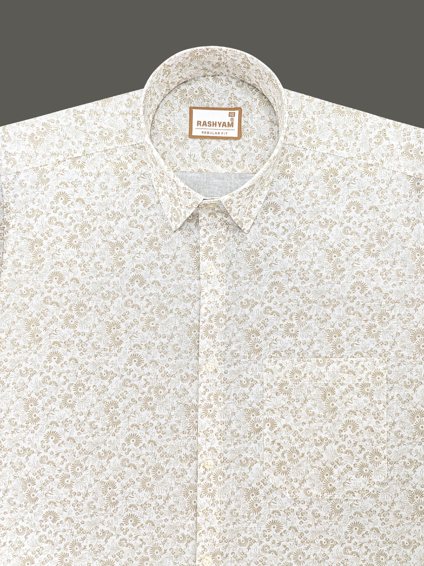 Arezzo Premium Linen Browny Vintage Bloom Print On White Formal Shirt For Men