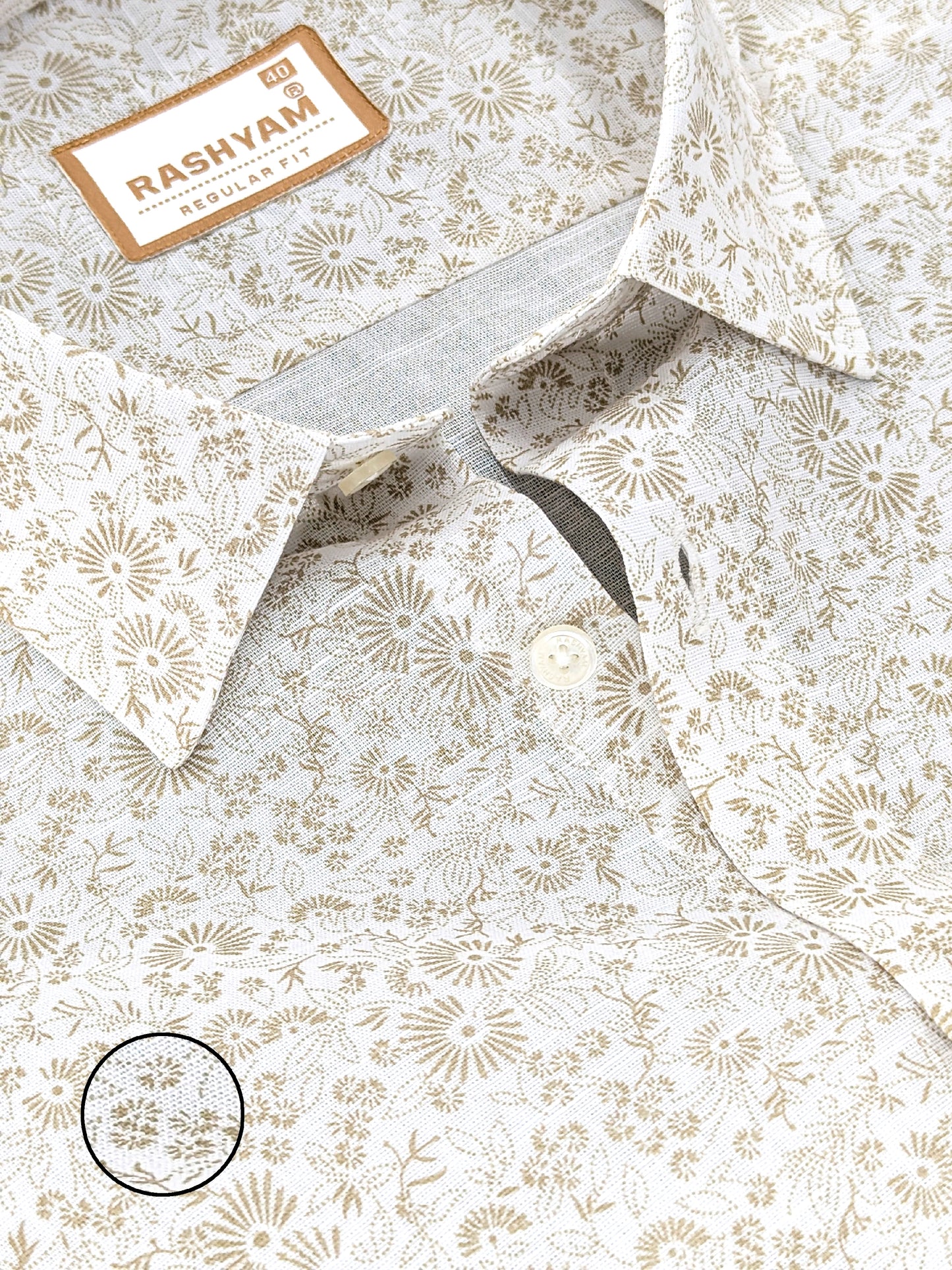 Arezzo Premium Linen Browny Vintage Bloom Print On White Formal Shirt For Men