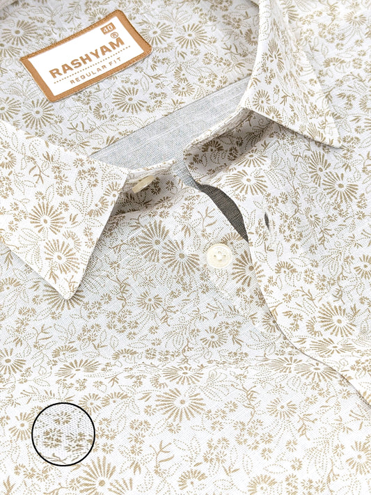 Arezzo Premium Linen Browny Vintage Bloom Print On White Formal Shirt For Men