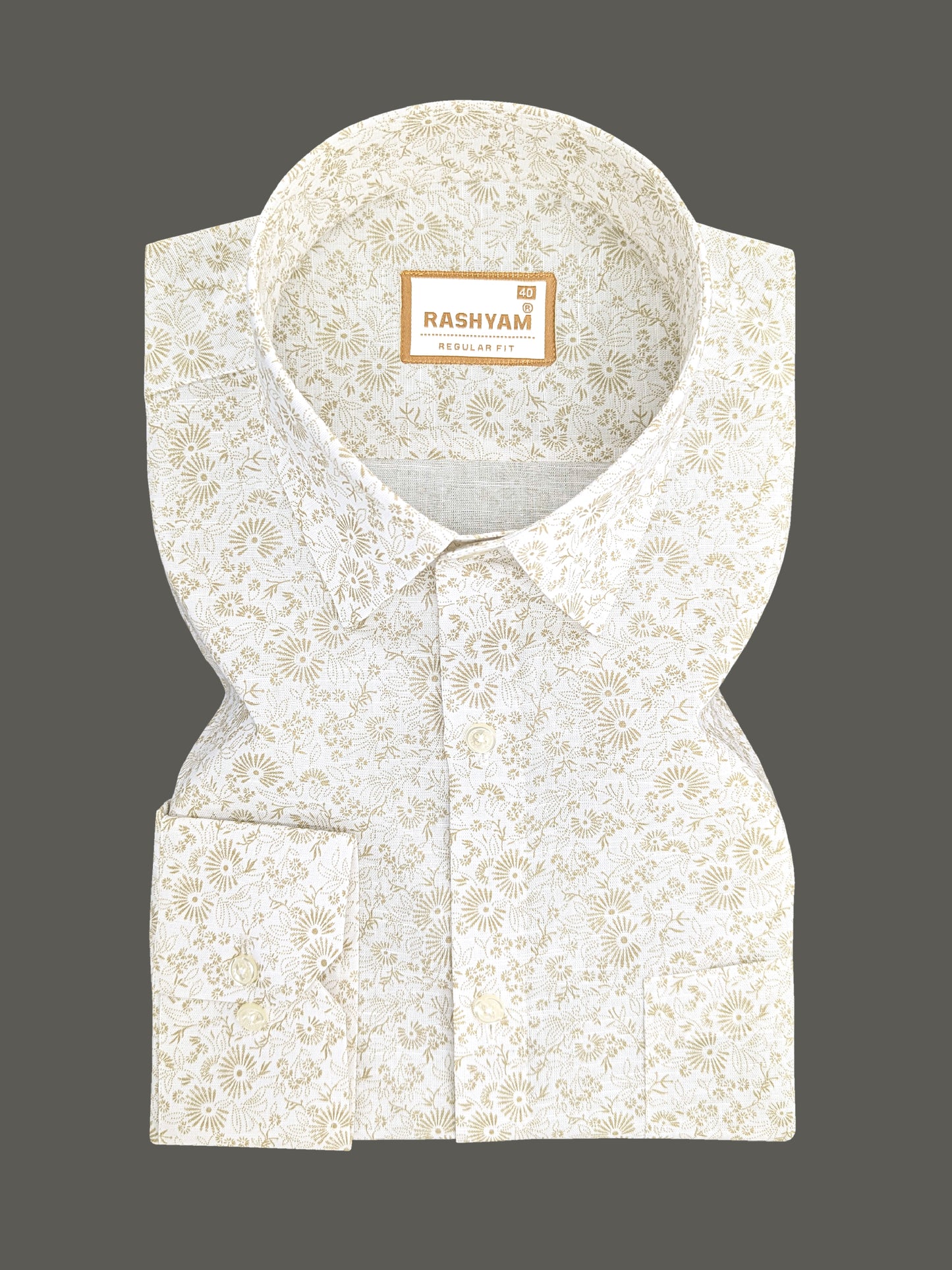 Arezzo Premium Linen Browny Vintage Bloom Print On White Formal Shirt For Men