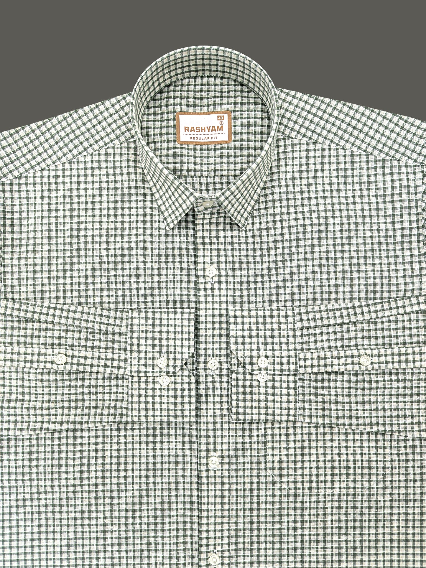 Latina Italian Linen Camouflage Green Checks On Cream Formal Shirt For men