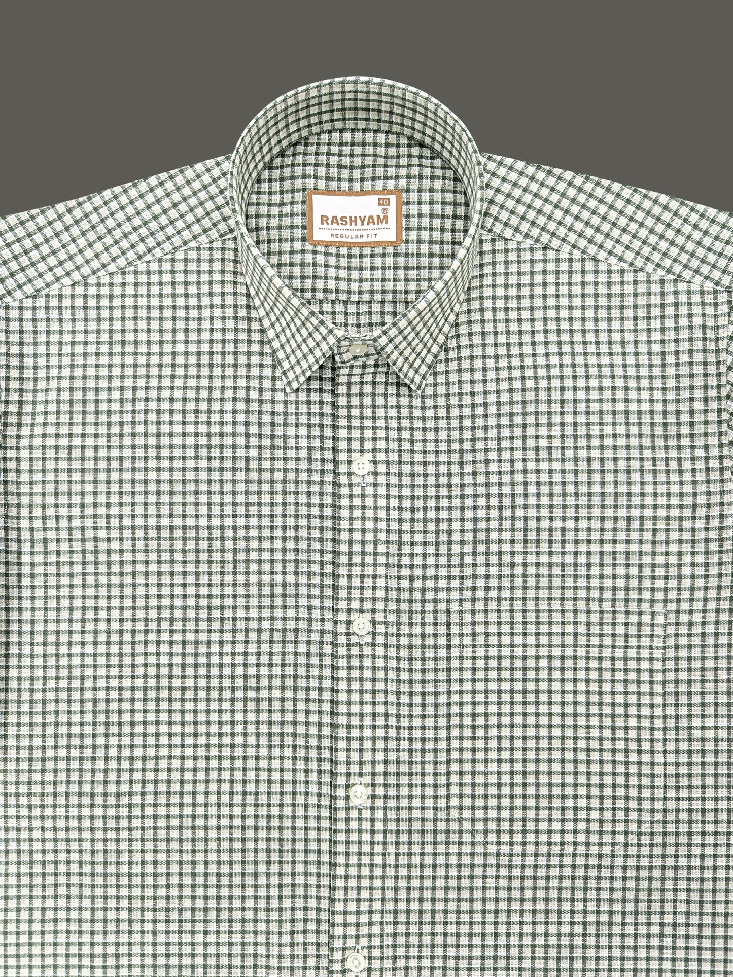 Latina Italian Linen Camouflage Green Checks On Cream Formal Shirt For men