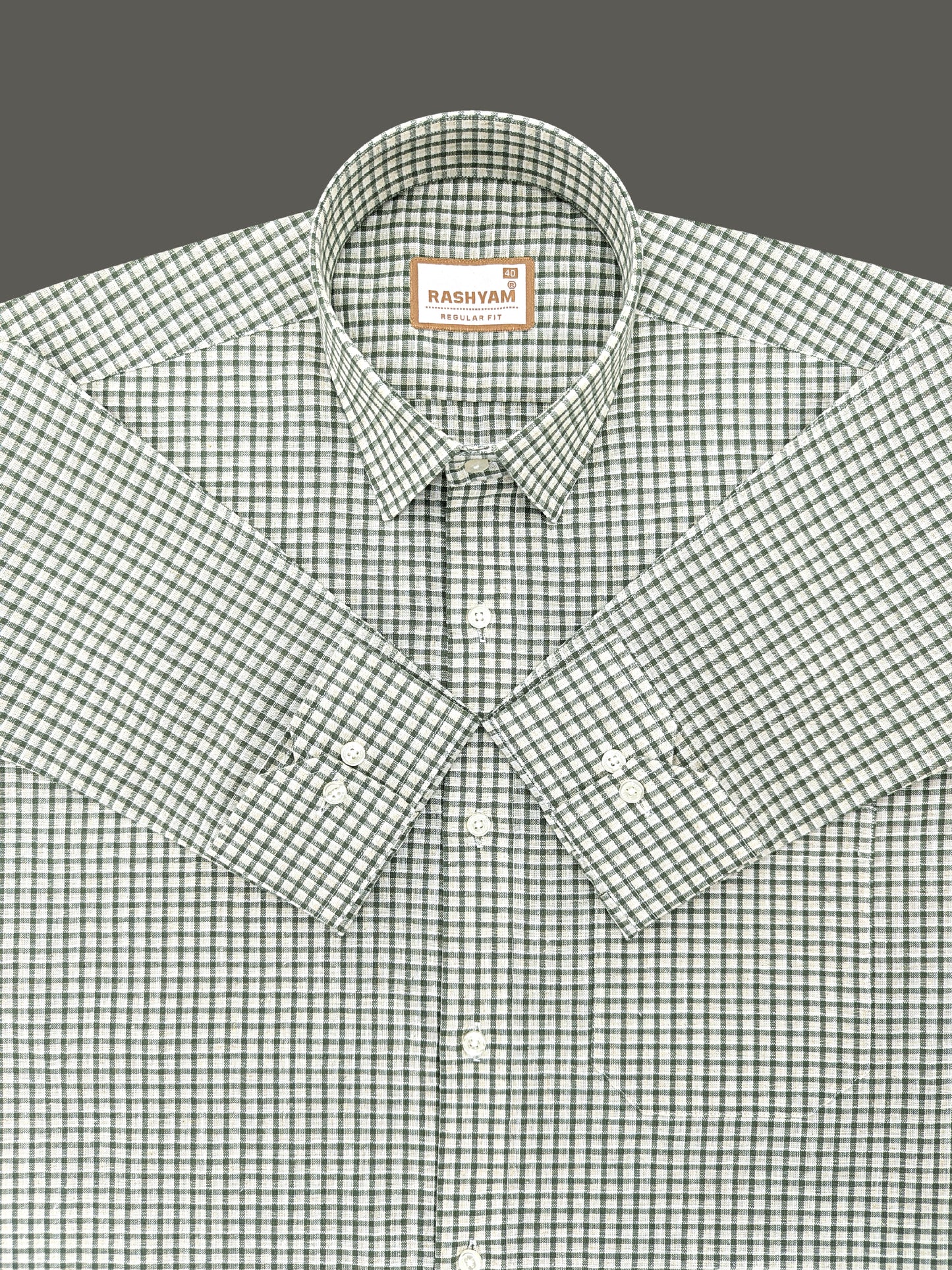 Latina Italian Linen Camouflage Green Checks On Cream Formal Shirt For men