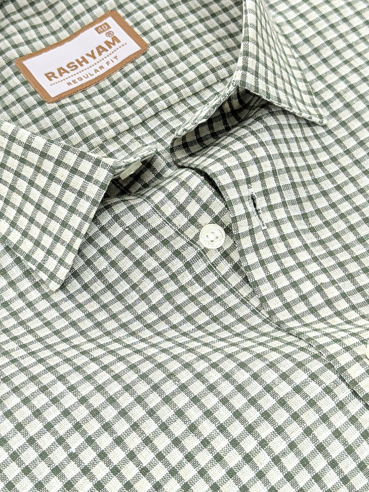 Latina Italian Linen Camouflage Green Checks On Cream Formal Shirt For men