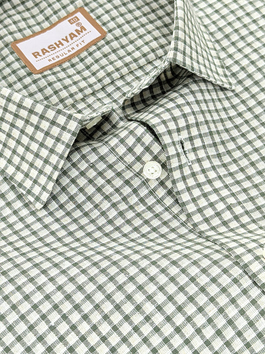 Latina Italian Linen Camouflage Green Checks On Cream Formal Shirt For men