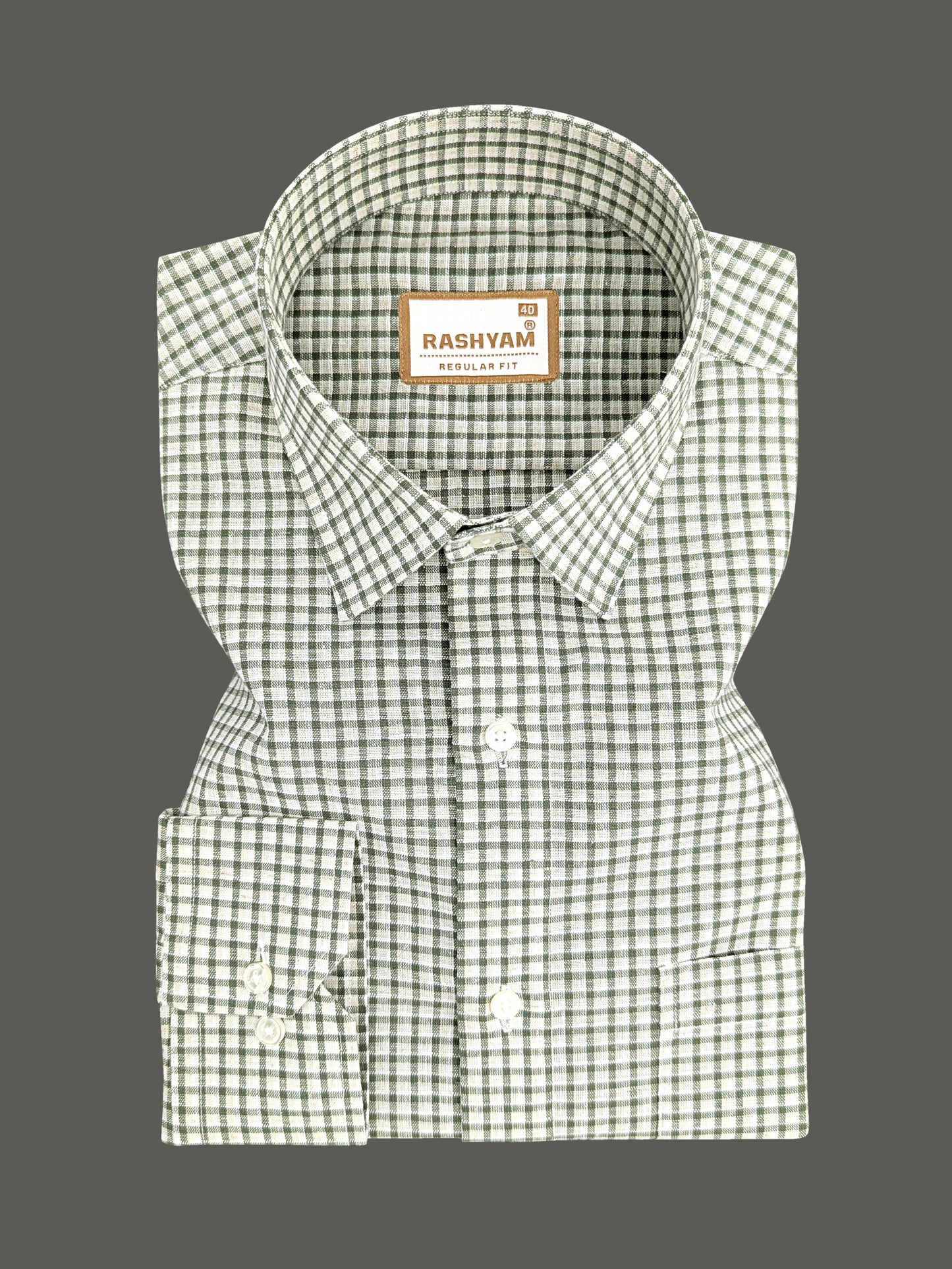 Latina Italian Linen Camouflage Green Checks On Cream Formal Shirt For men