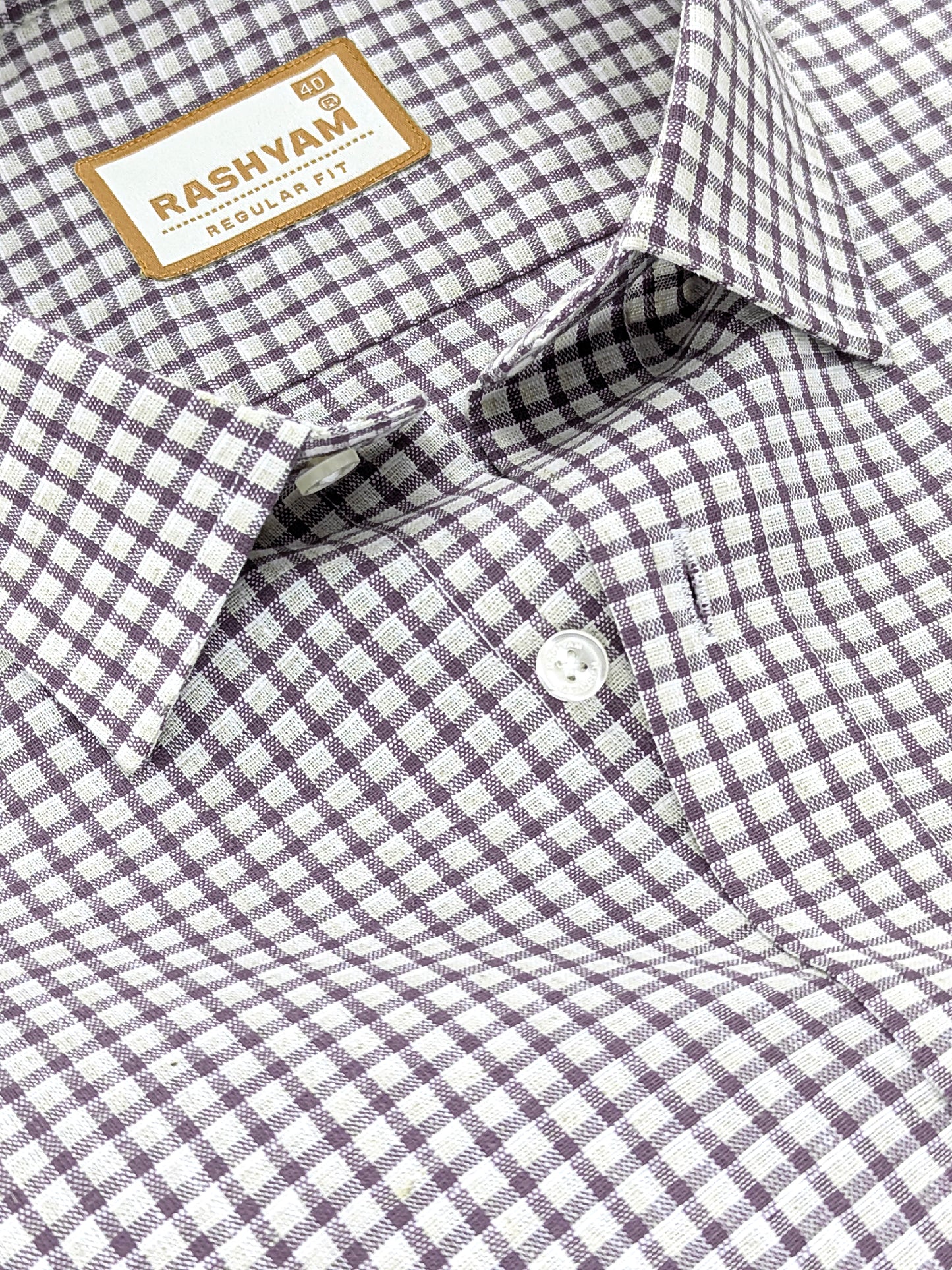 Latina Italian Linen Plum Purple Checks On Cream Formal Shirt For men