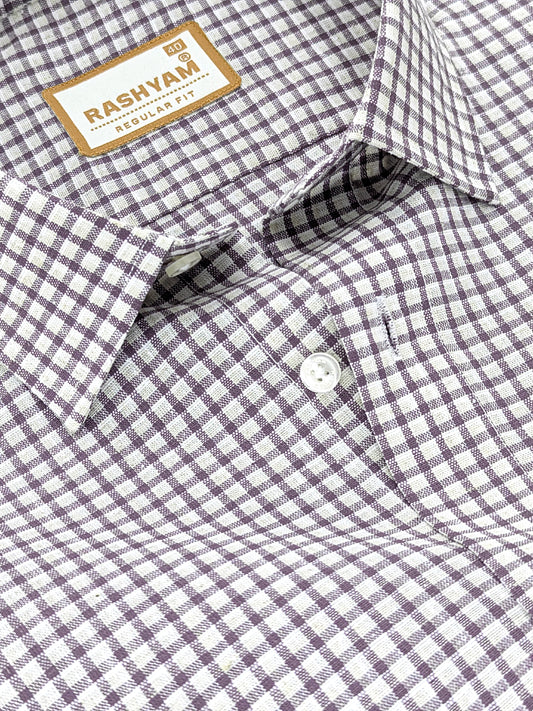 Latina Italian Linen Plum Purple Checks On Cream Formal Shirt For men