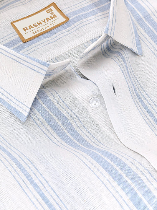 Premium Linen Cotton Blue Line On Bright White Shirt For Men