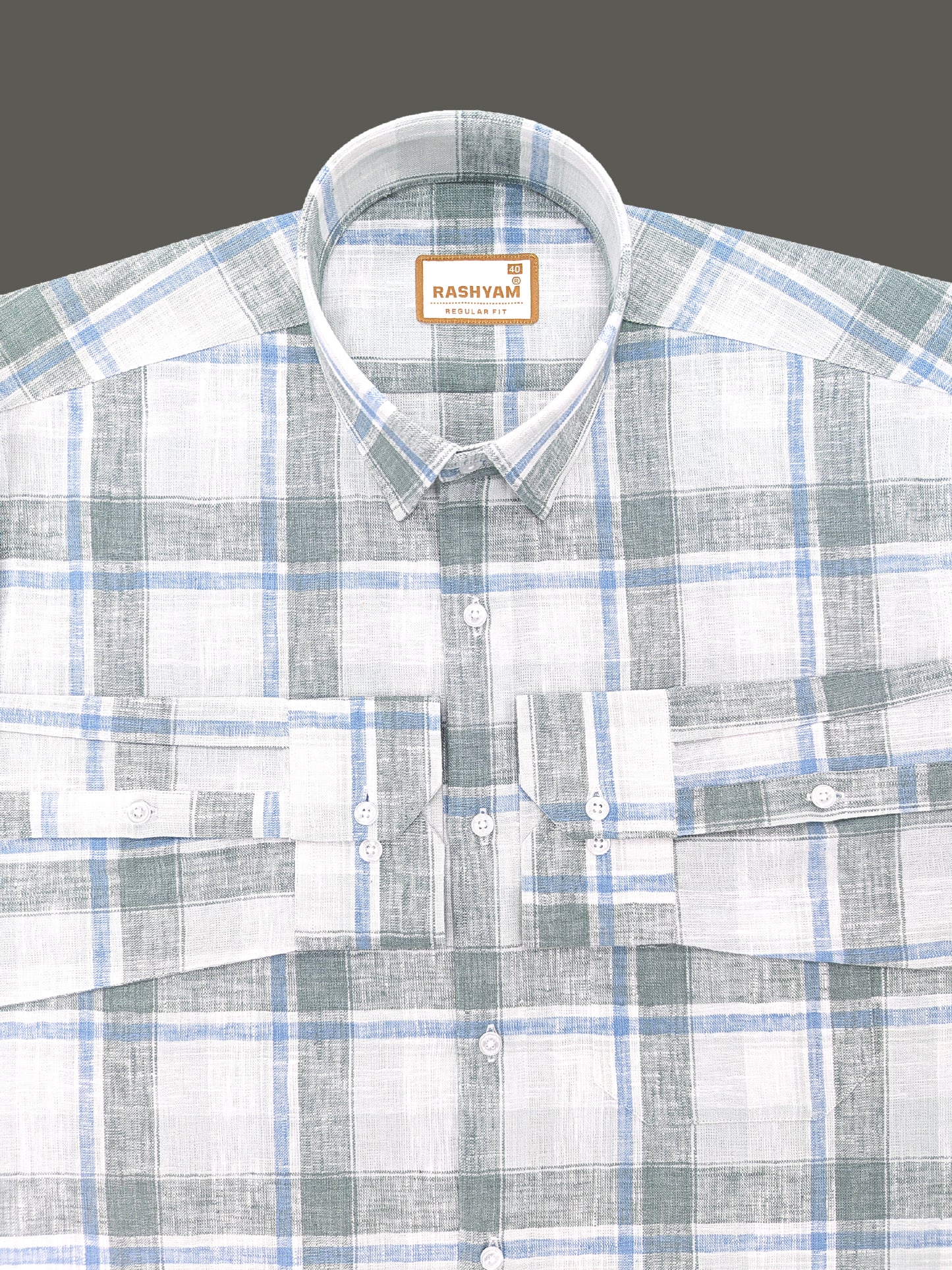 Ceriana Luxurious Italian Linen Cotton Blue With Grass Green Checks On Cream Formal Shirt