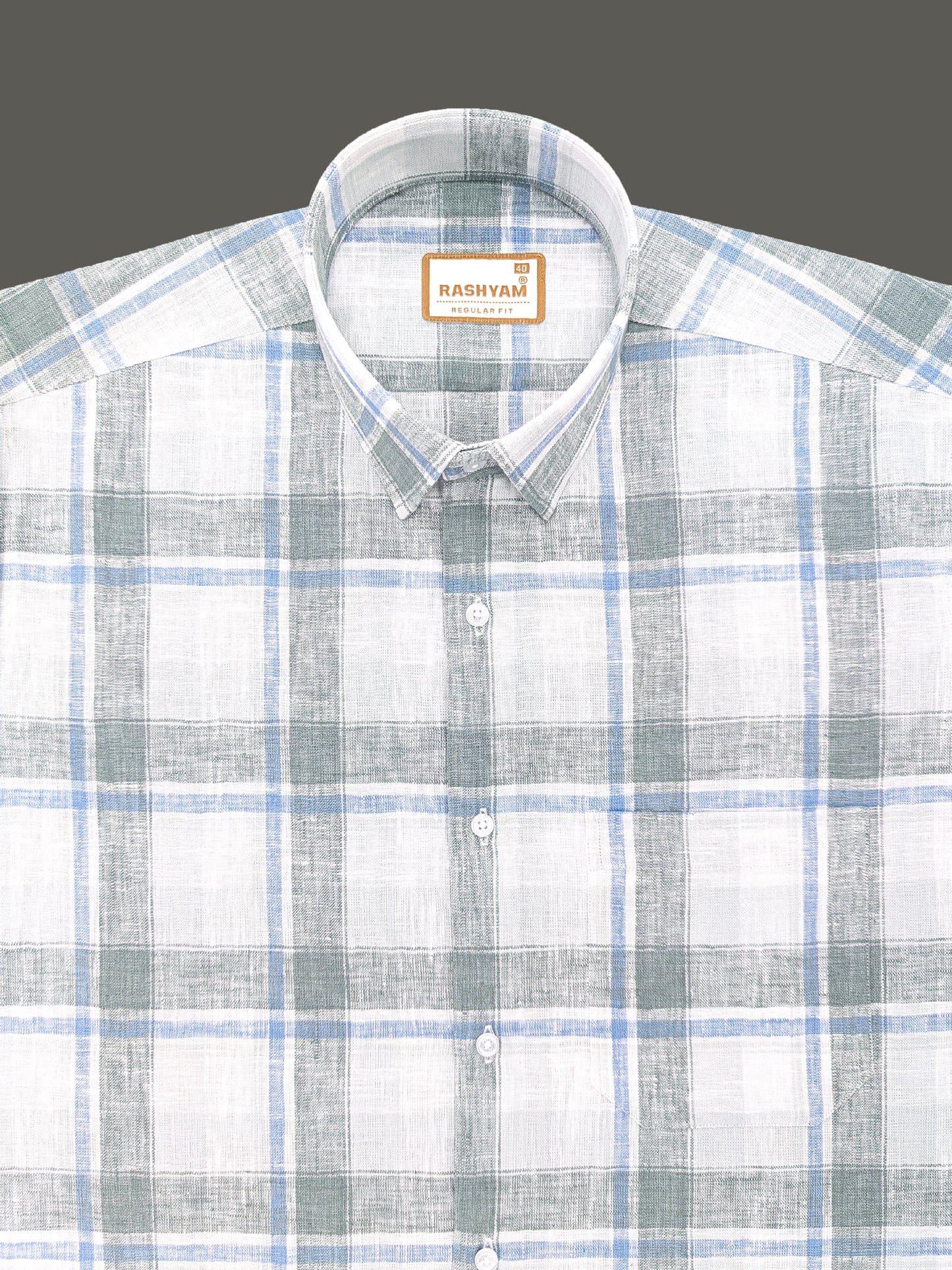 Ceriana Luxurious Italian Linen Cotton Blue With Grass Green Checks On Cream Formal Shirt