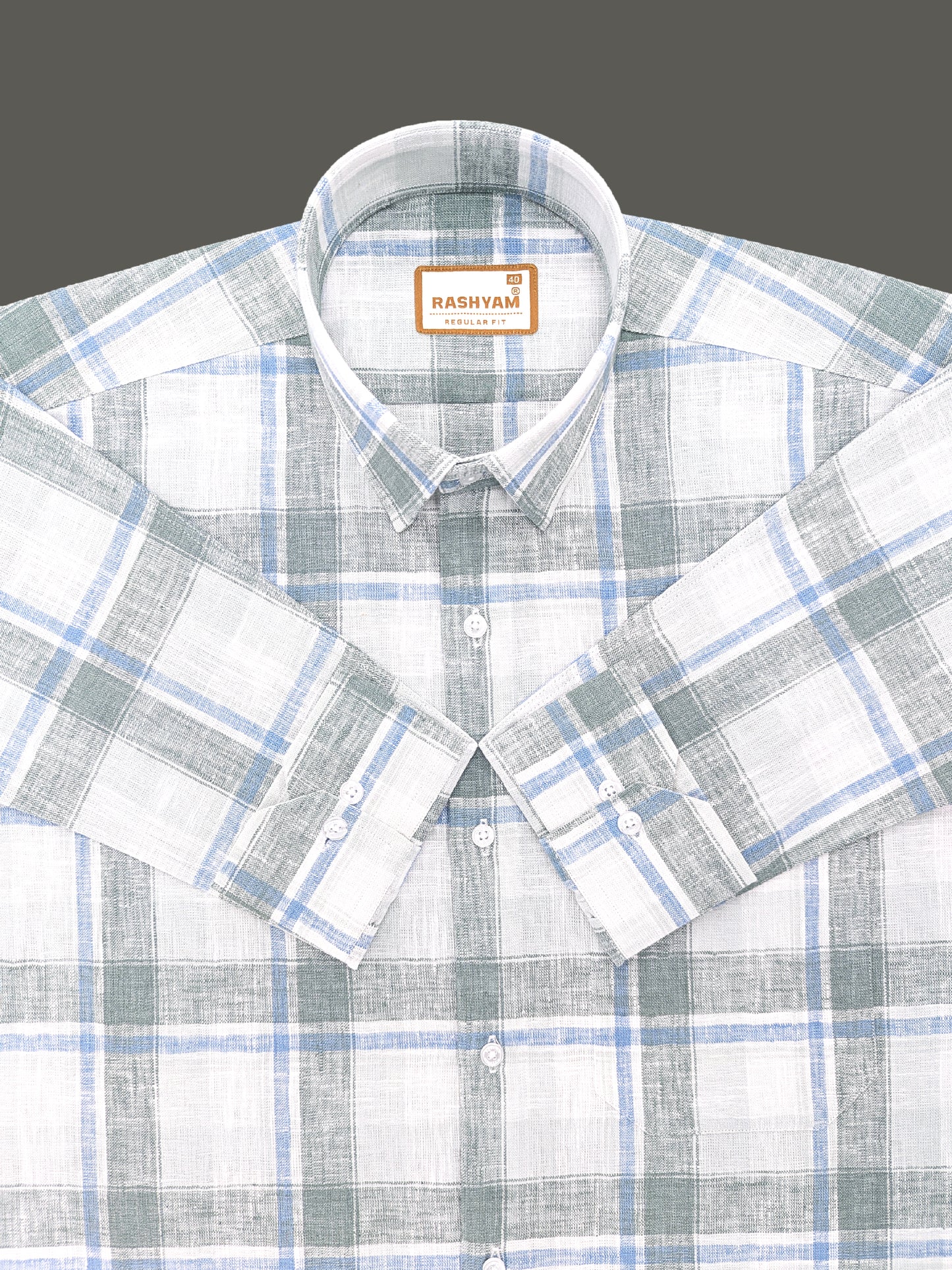 Ceriana Luxurious Italian Linen Cotton Blue With Grass Green Checks On Cream Formal Shirt