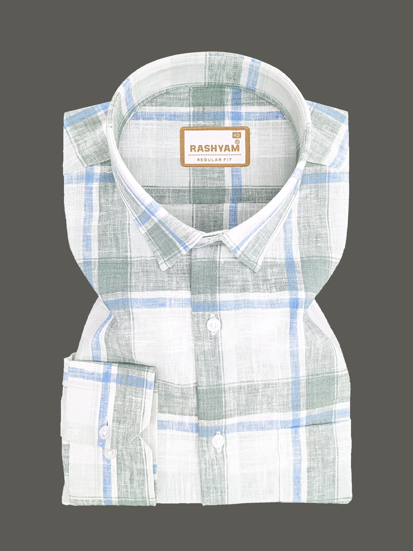 Ceriana Luxurious Italian Linen Cotton Blue With Grass Green Checks On Cream Formal Shirt