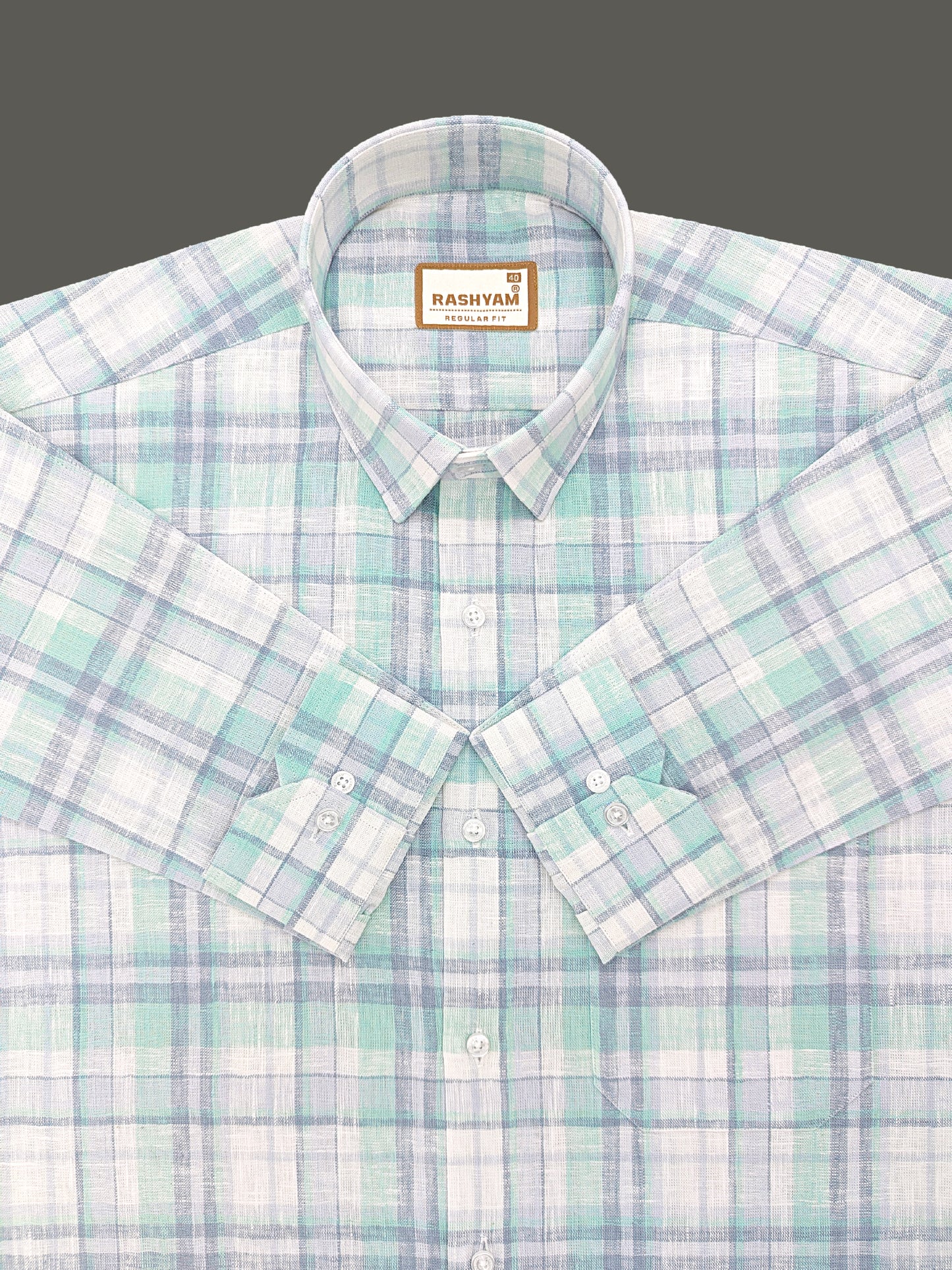 Ceriana Luxurious Italian Linen Cotton Cyan With Grey Checks On Cream Formal Shirt