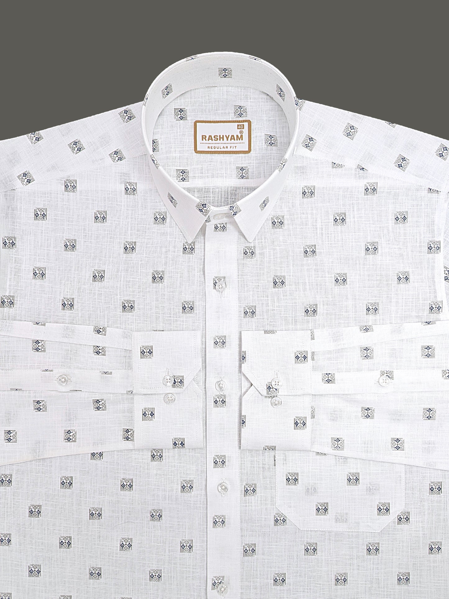 Manarola Premium Linen Cotton Grey With Navy Geo Classic Buta Formal Shirt