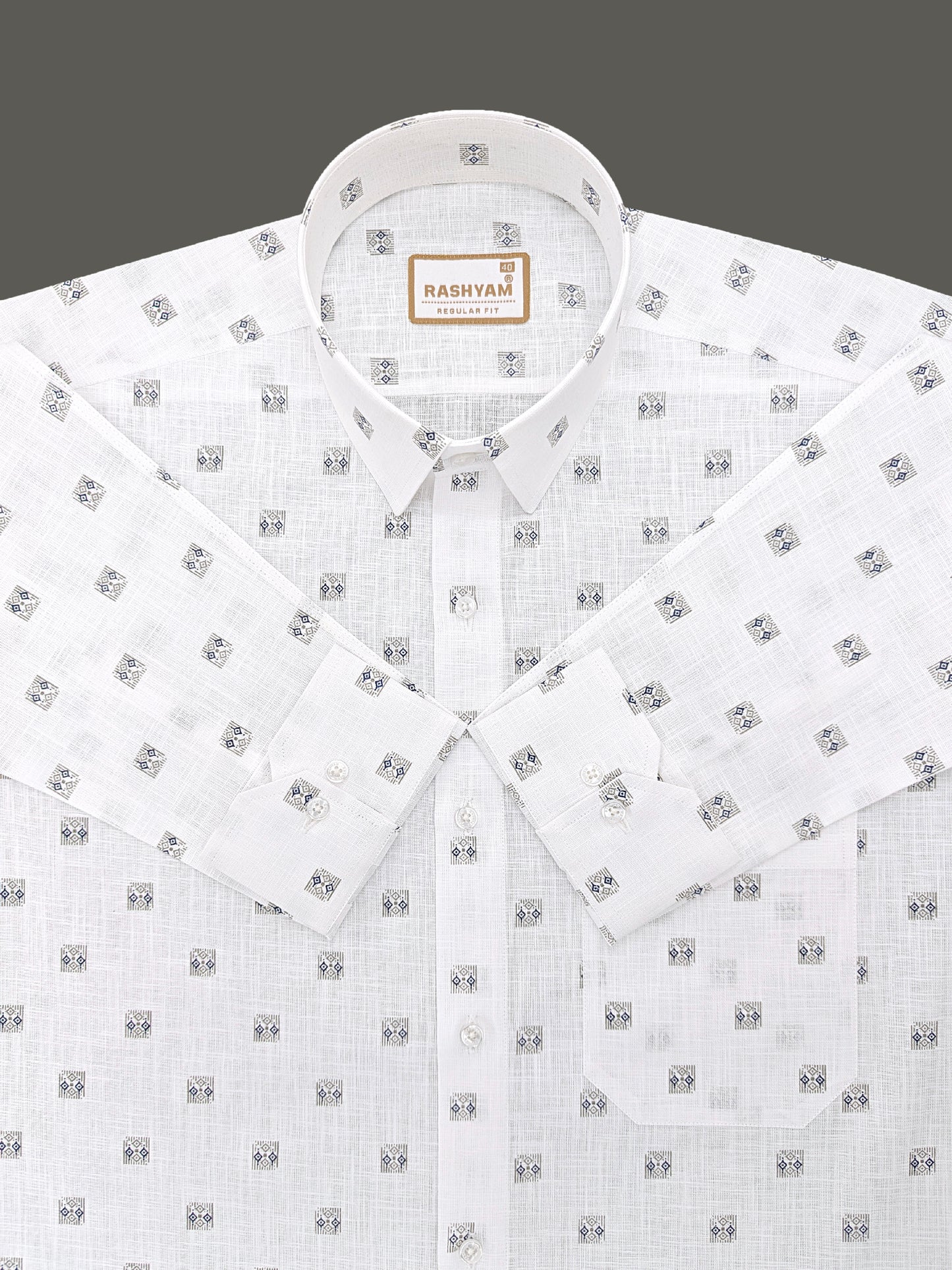 Manarola Premium Linen Cotton Grey With Navy Geo Classic Buta Formal Shirt