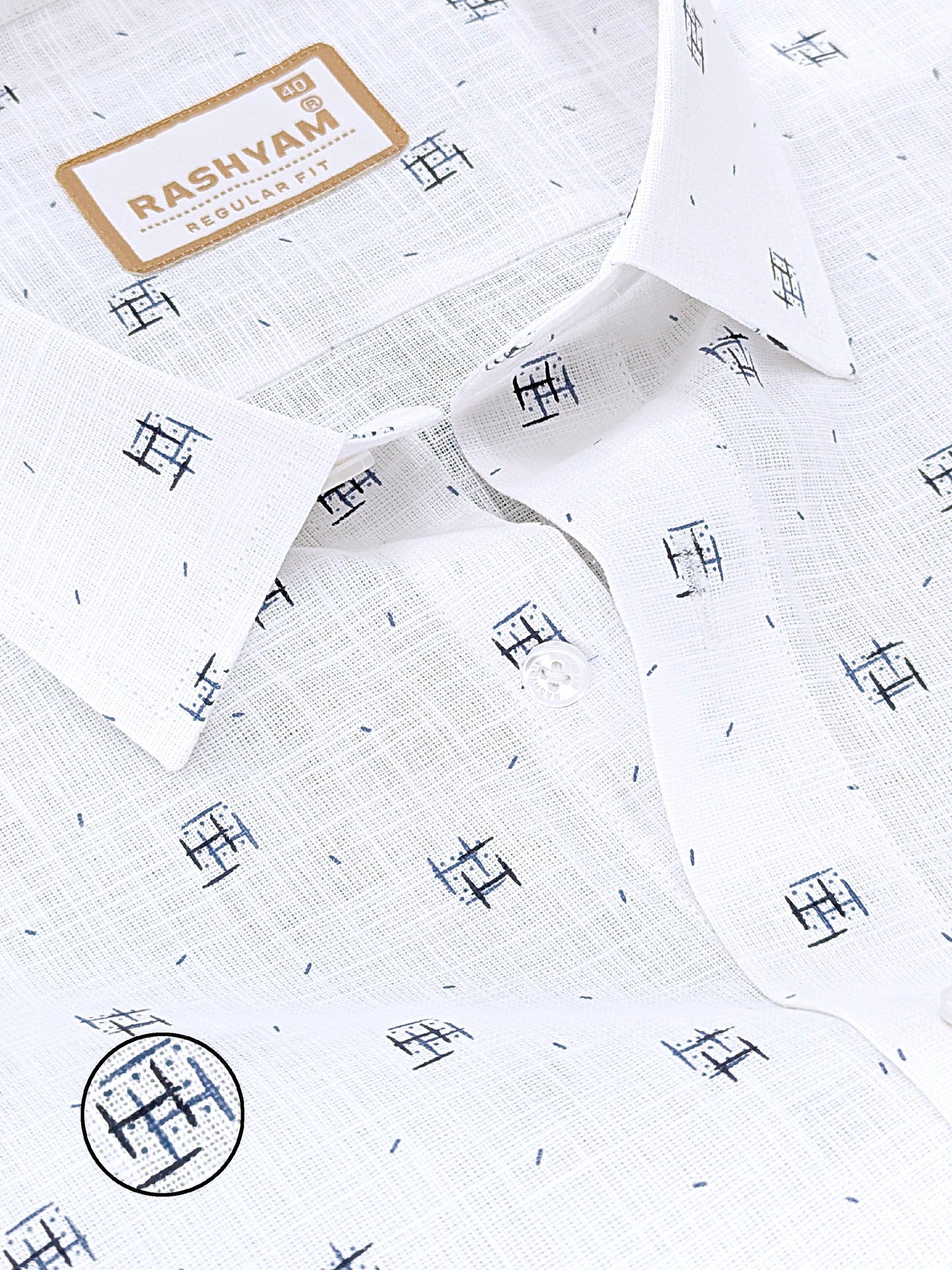 Manarola Premium Linen Cotton Navy Blue Geometric Grid Buta print Formal Shirt