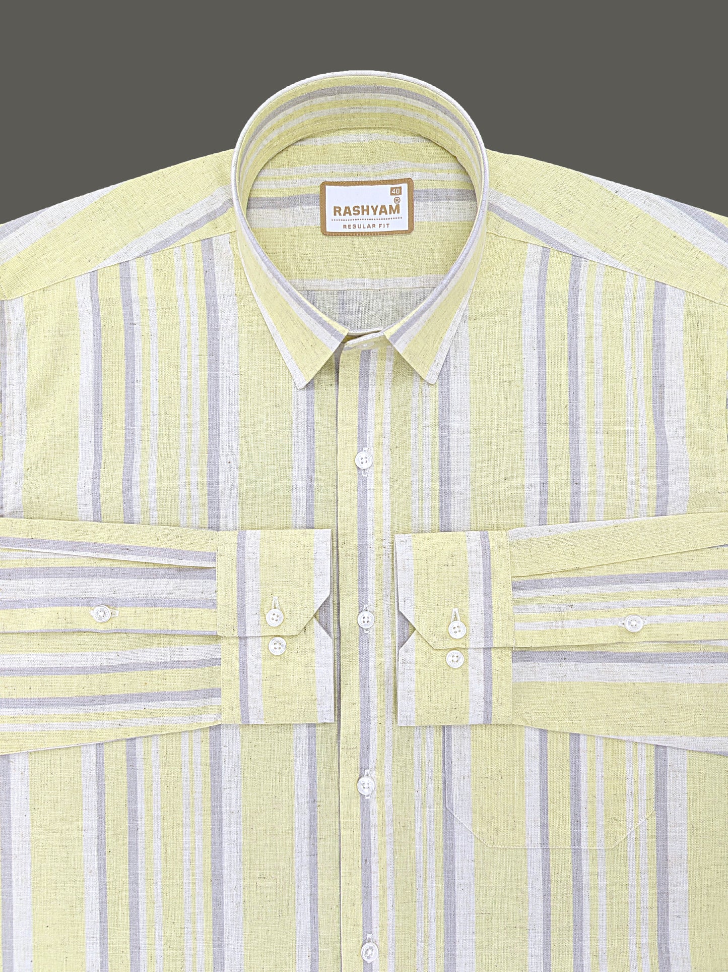 Orvieto Luxurious Linen Cotton Cream With Lemon Yellow And Light Grey Stripes Formal Shirt