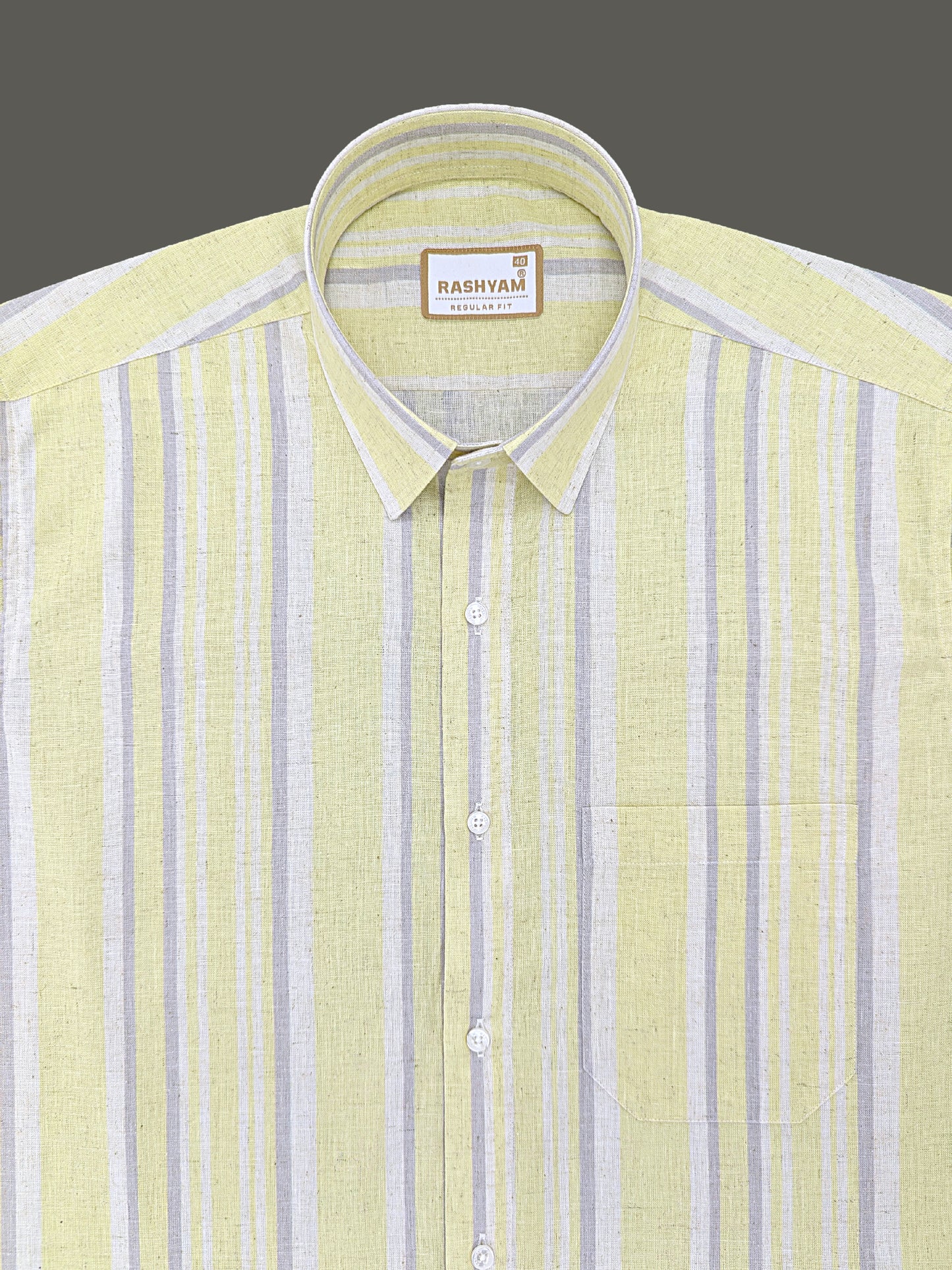 Orvieto Luxurious Linen Cotton Cream With Lemon Yellow And Light Grey Stripes Formal Shirt