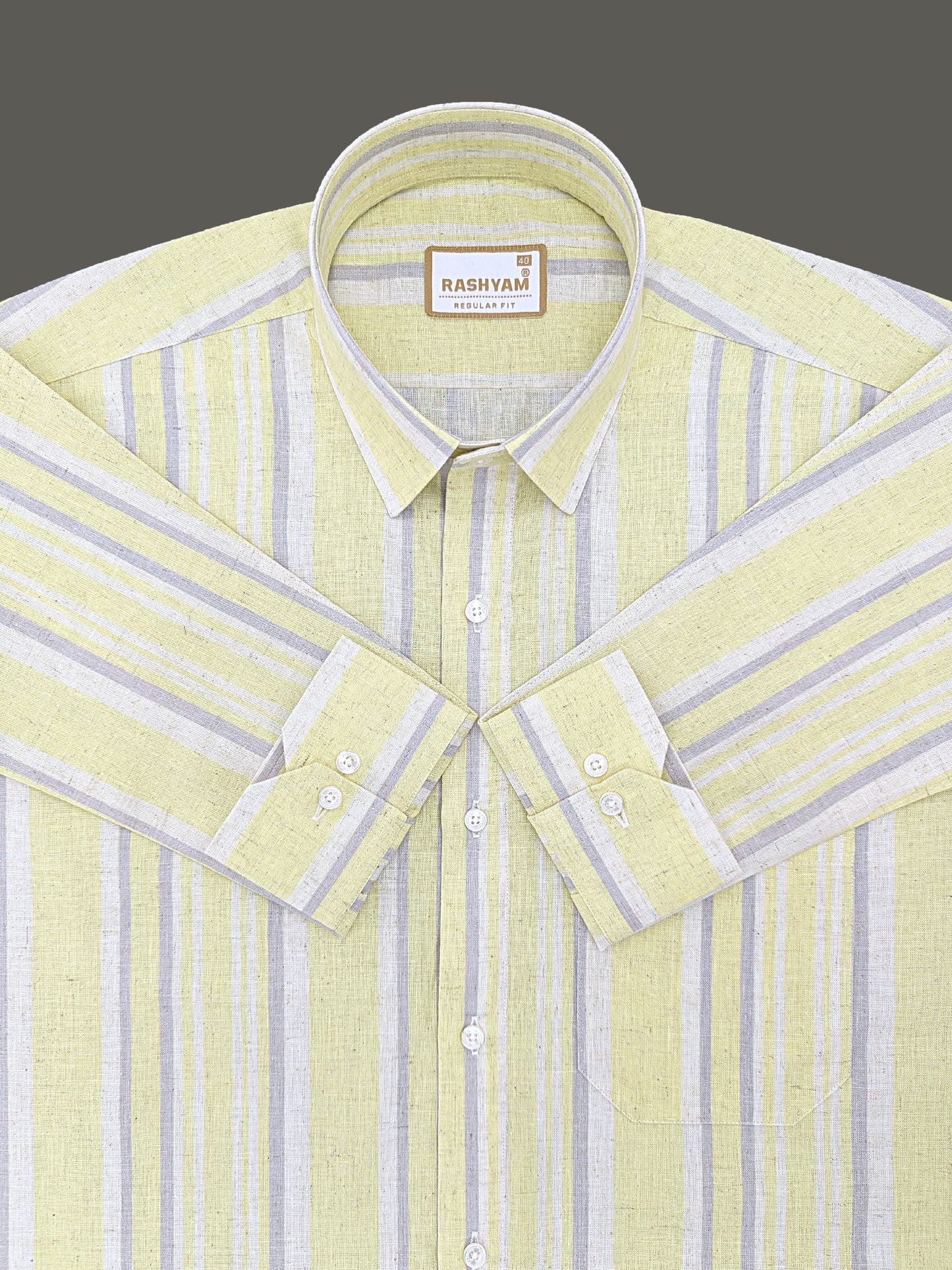 Orvieto Luxurious Linen Cotton Cream With Lemon Yellow And Light Grey Stripes Formal Shirt