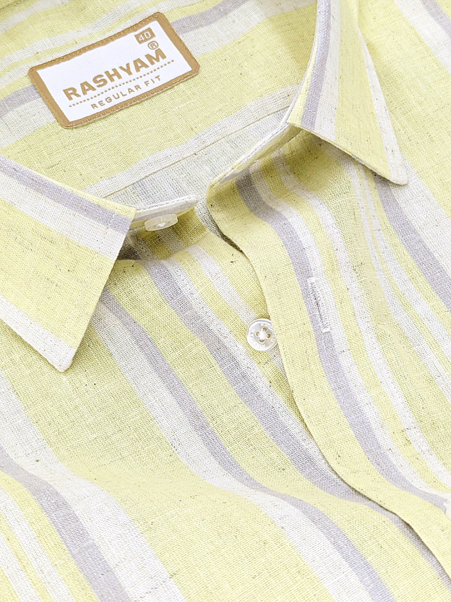 Orvieto Luxurious Linen Cotton Cream With Lemon Yellow And Light Grey Stripes Formal Shirt