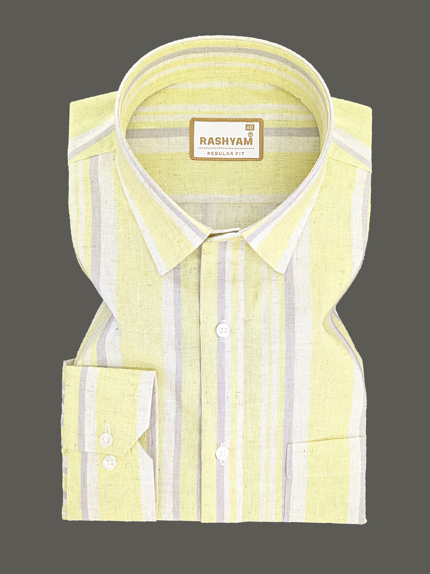 Orvieto Luxurious Linen Cotton Cream With Lemon Yellow And Light Grey Stripes Formal Shirt
