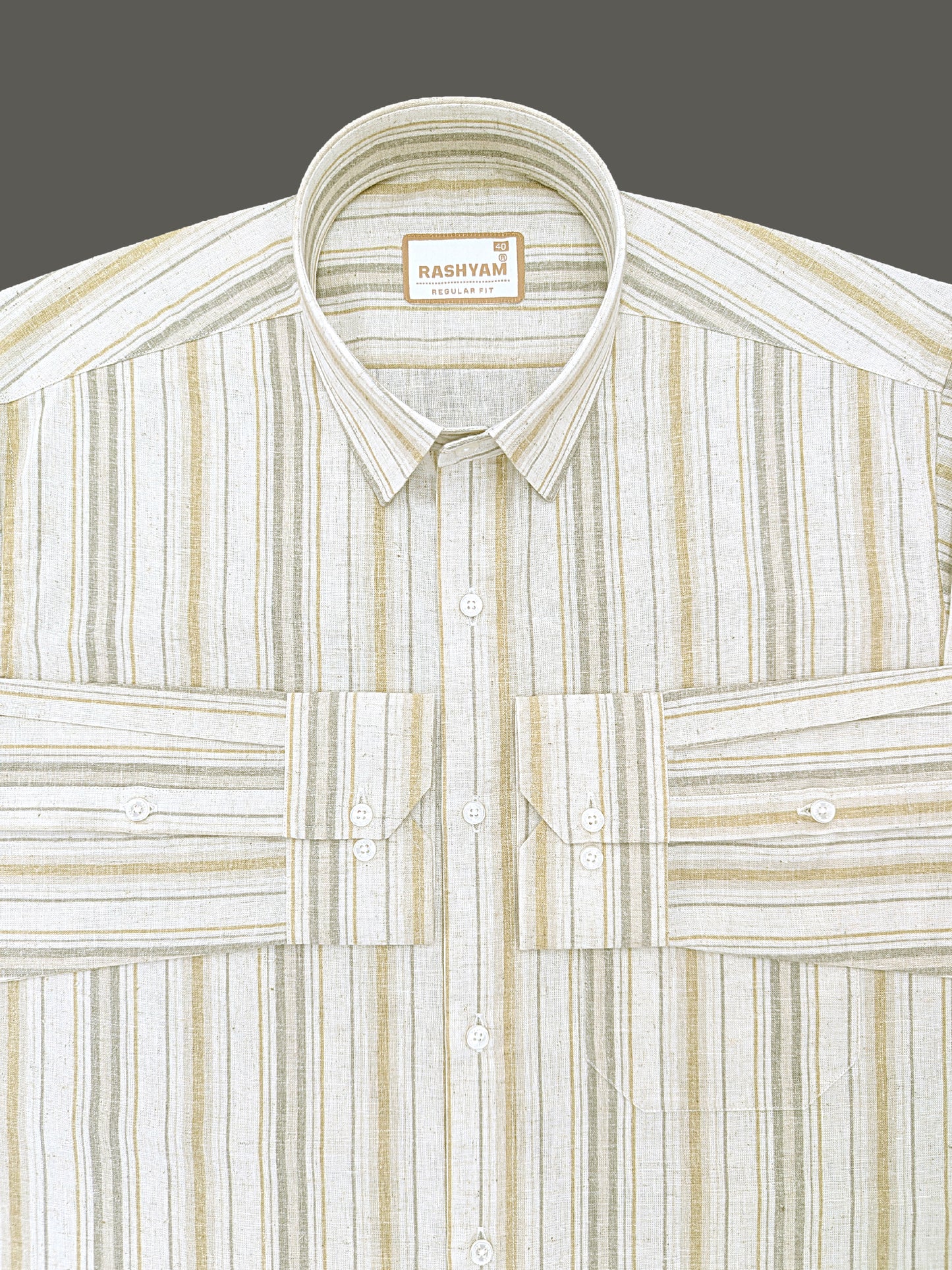 Orvieto Luxurious Linen Cotton Cream With Light Mustard And Olive Grey Stripes Formal Shirt
