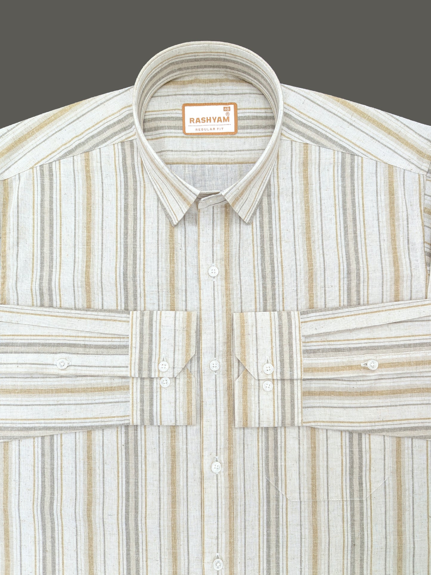 Orvieto Luxurious Linen Cotton Cream With Light Mustard And Olive Grey Stripes Formal Shirt