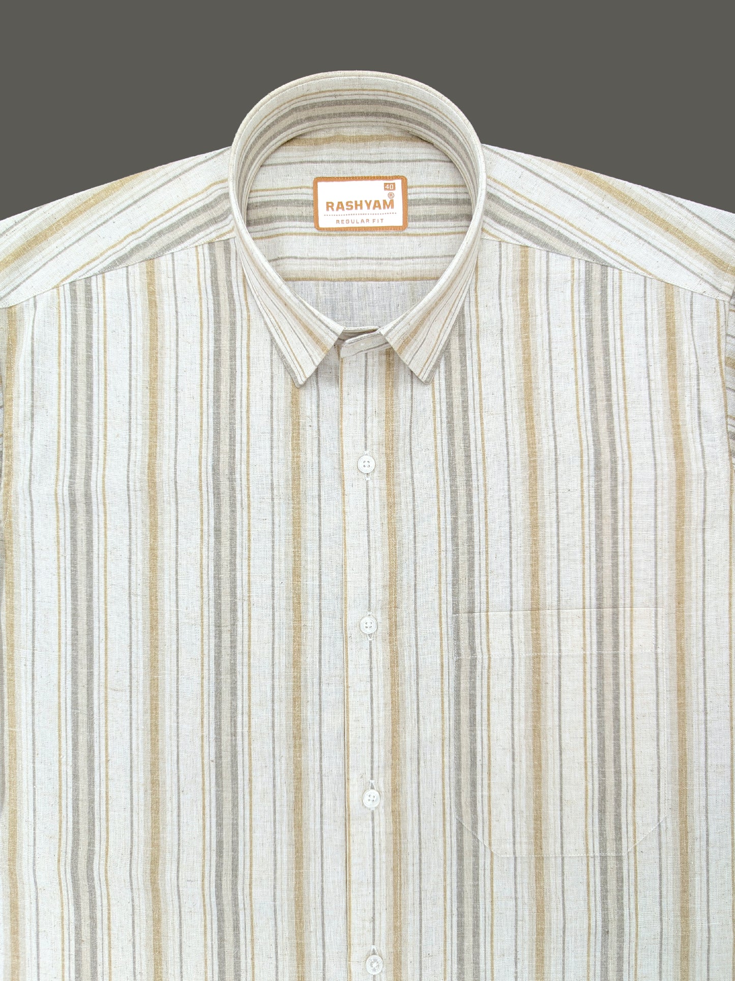 Orvieto Luxurious Linen Cotton Cream With Light Mustard And Olive Grey Stripes Formal Shirt