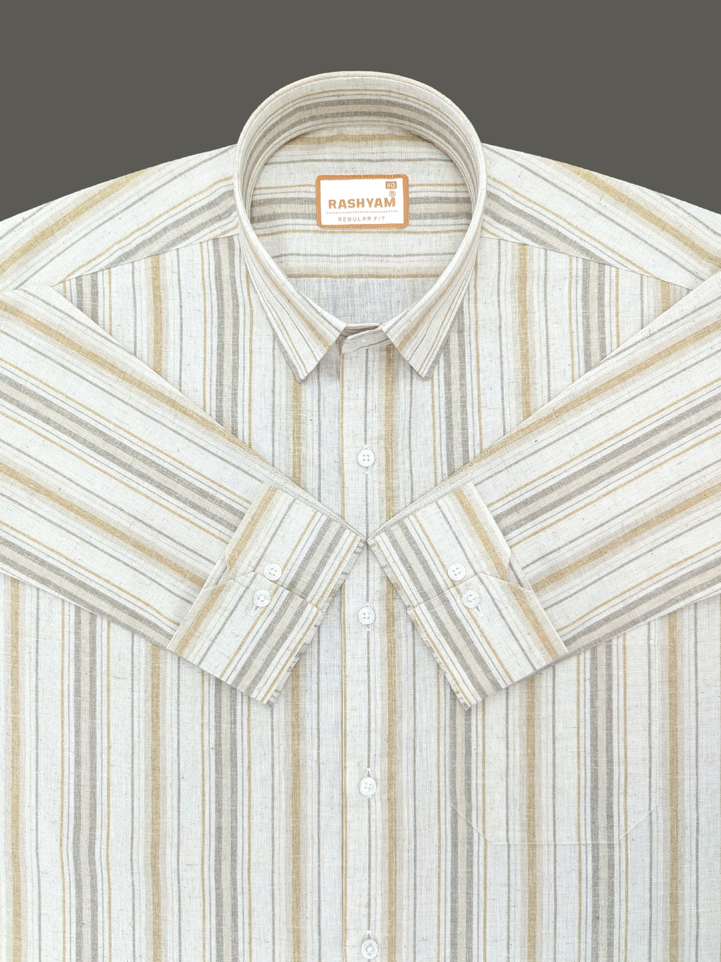 Orvieto Luxurious Linen Cotton Cream With Light Mustard And Olive Grey Stripes Formal Shirt