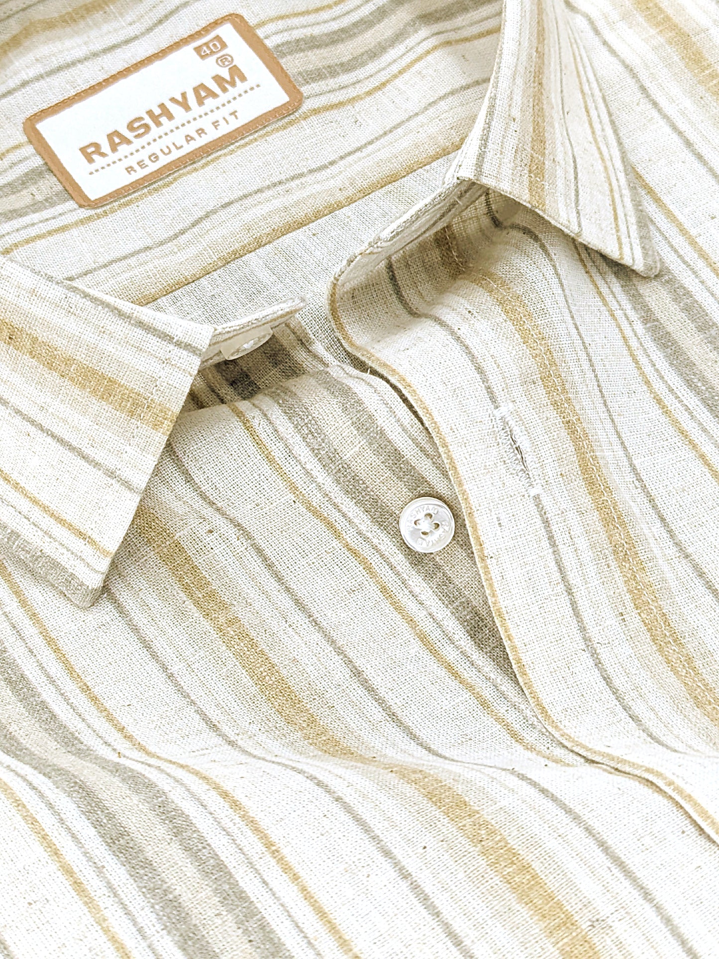 Orvieto Luxurious Linen Cotton Cream With Light Mustard And Olive Grey Stripes Formal Shirt