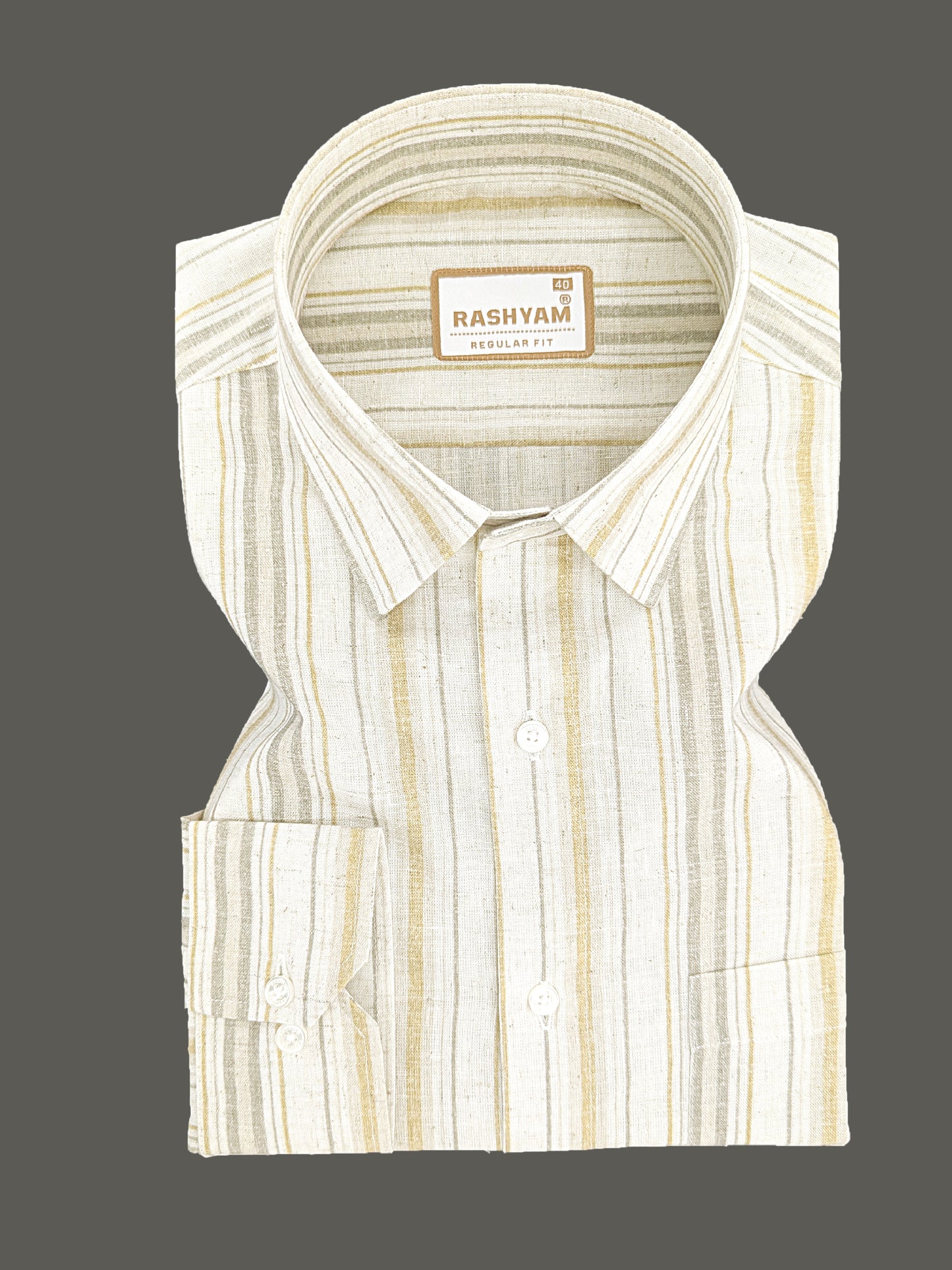 Orvieto Luxurious Linen Cotton Cream With Light Mustard And Olive Grey Stripes Formal Shirt