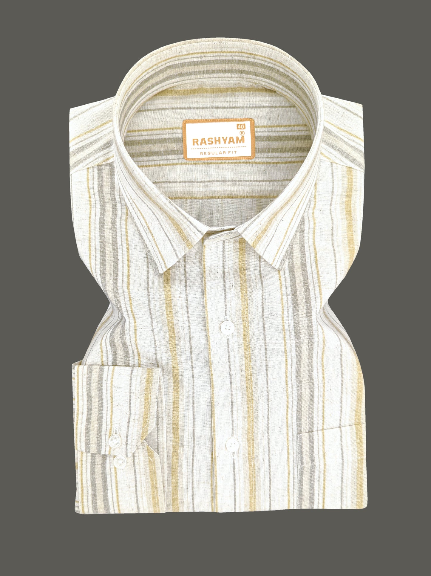 Orvieto Luxurious Linen Cotton Cream With Light Mustard And Olive Grey Stripes Formal Shirt
