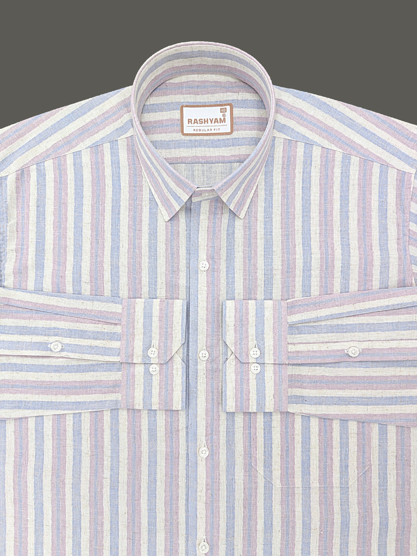 Orvieto Luxurious Linen Cotton Cream With Soft Blue And Light Lavender-Pink Stripes Formal Shirt