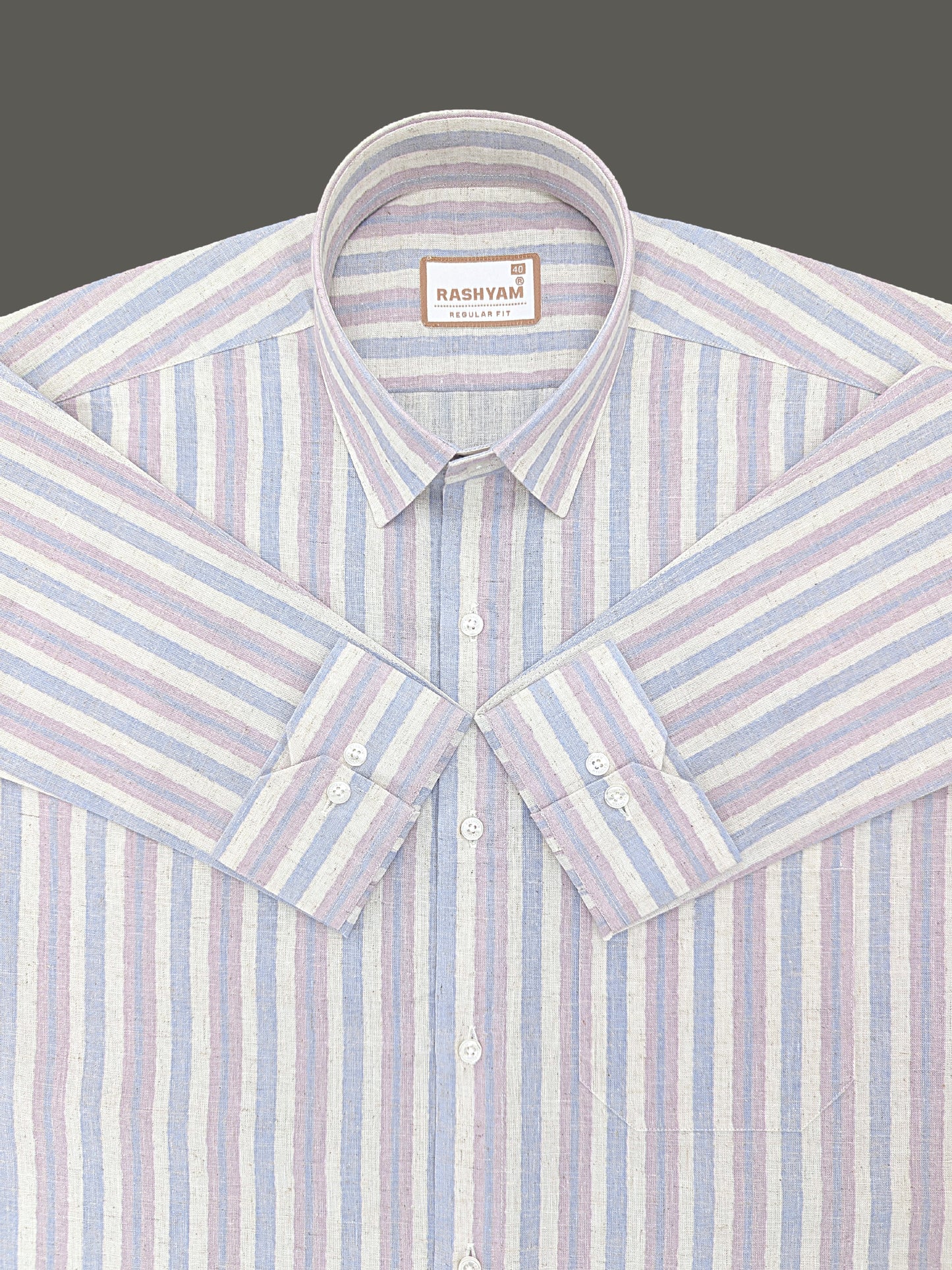 Orvieto Luxurious Linen Cotton Cream With Soft Blue And Light Lavender-Pink Stripes Formal Shirt