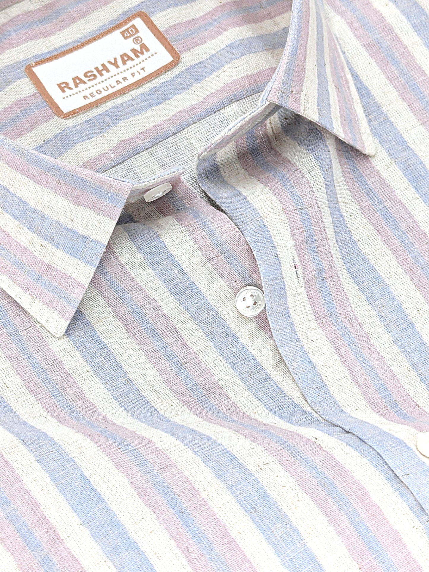 Orvieto Luxurious Linen Cotton Cream With Soft Blue And Light Lavender-Pink Stripes Formal Shirt