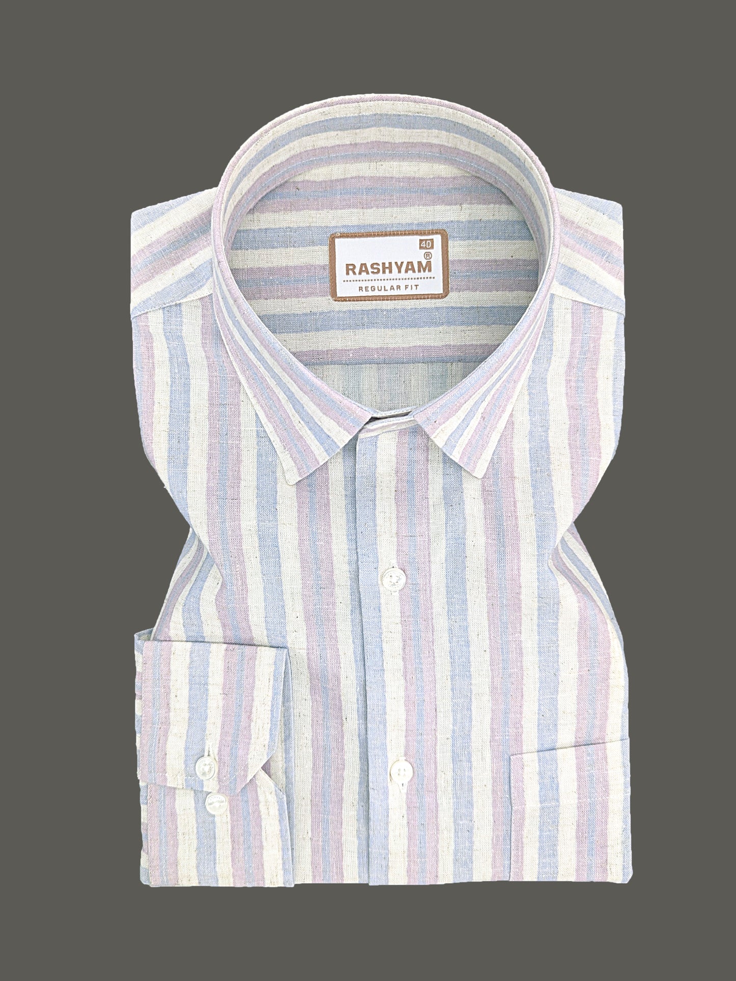 Orvieto Luxurious Linen Cotton Cream With Soft Blue And Light Lavender-Pink Stripes Formal Shirt