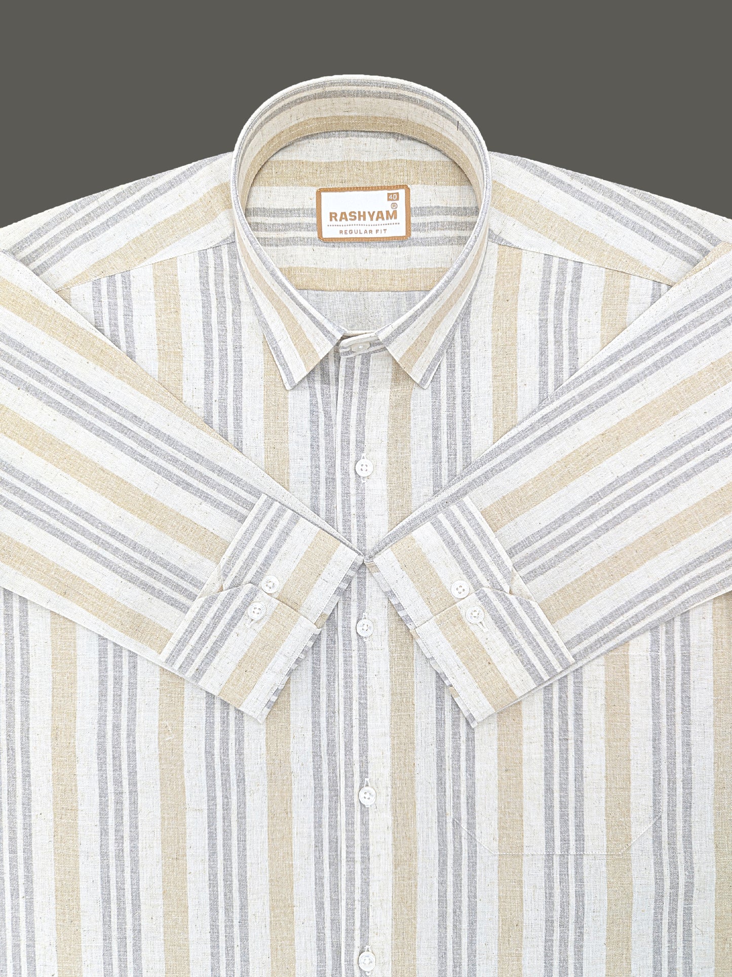Orvieto Luxurious Linen Cotton Cream With Light Sand And Light Grey Stripes Formal Shirt