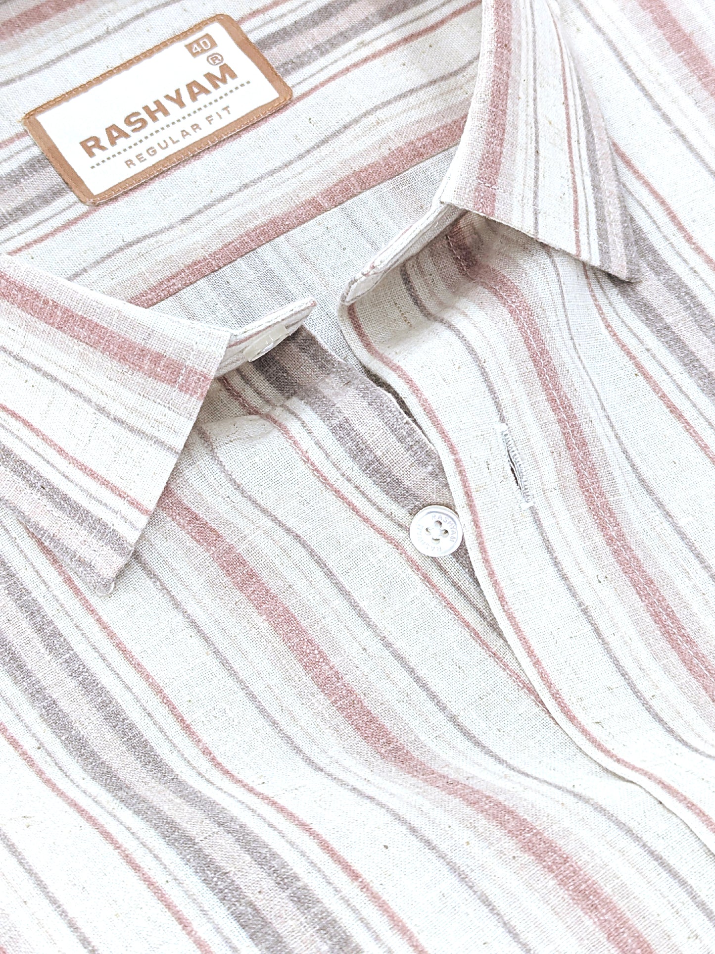Orvieto Luxurious Linen Cotton Cream With Light Maroon And Light Grey-Brown Stripes Formal Shirt