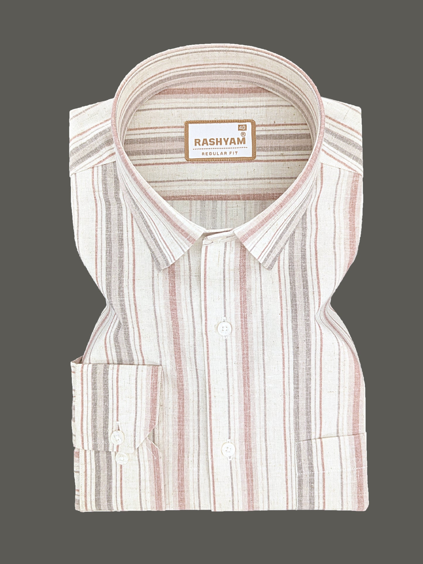 Orvieto Luxurious Linen Cotton Cream With Light Maroon And Light Grey-Brown Stripes Formal Shirt